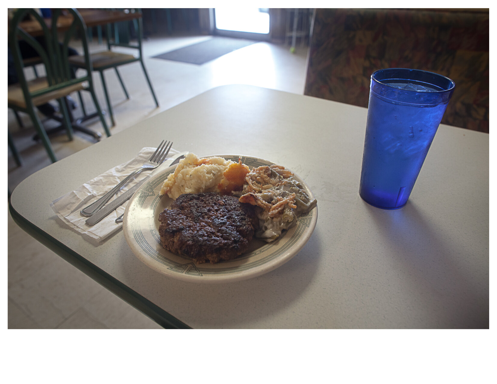 Hamburger Steak and Loaded Mash Potatoes, Barnyard Cafe, Alta Vista, KS