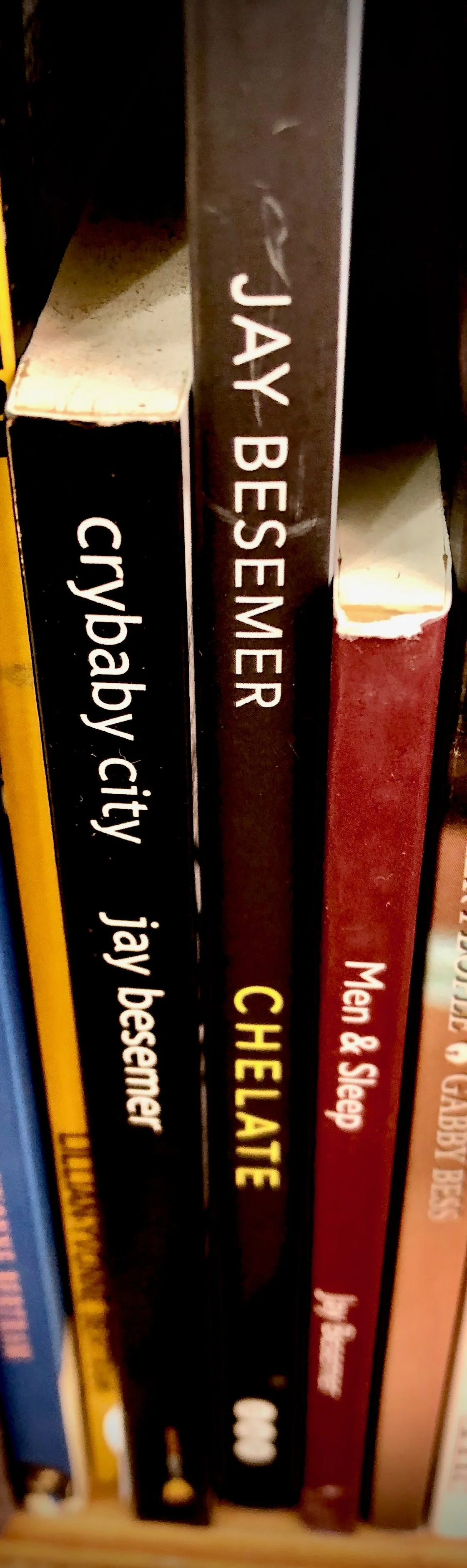 big long close-up of the spines of CRYBABY CITY, MEN AND SLEEP, AND CHELATE on the shelves at pilsen community books, chicago.