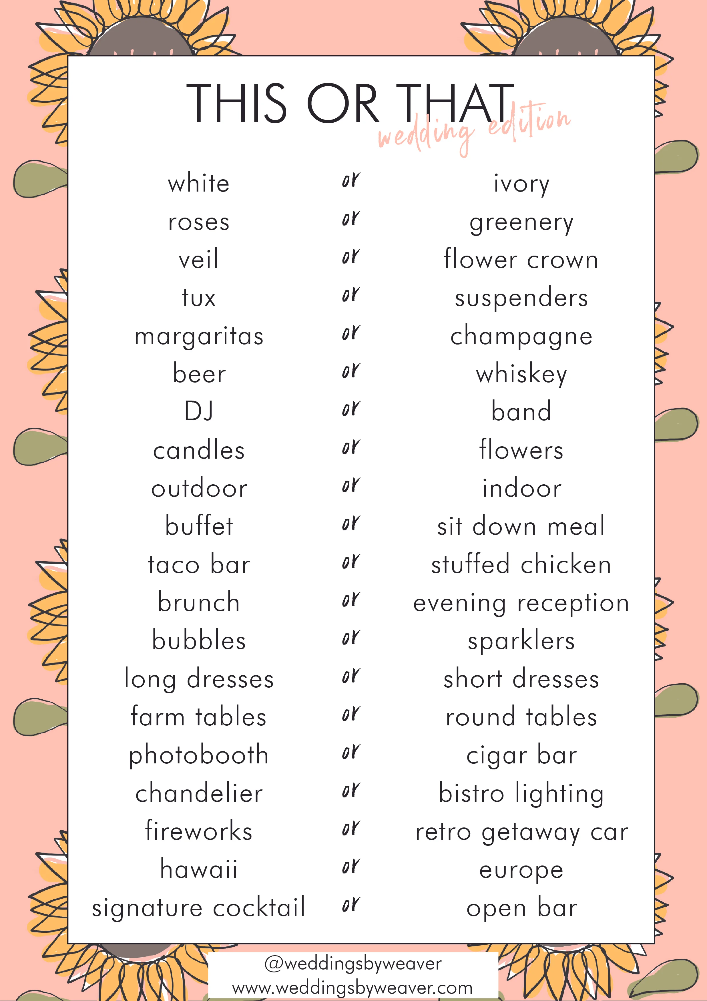 This or that, blue or pink, Coke or Pepsi. We all have our own preferences and we all have different styles, foods, drinks and even wedding themes we like more than others. The problem is sometimes bridal couples like so many things, they find it difficult to actually take the time to narrow down their wedding day preferences.