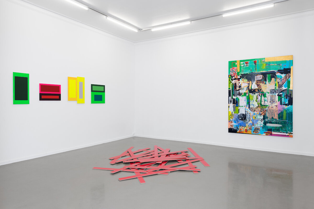  Installation view  Hennie Ann Isdahl (floor, left wall), Wendimagegn Belete, Esther Maria Bjørneboe, Kiyoshi Yamamoto  Et maleri er et dikt uten ord , 2019, Akershus Kunstsenter, Lillestrøm, Norway  