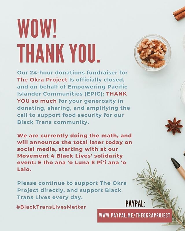 Y&rsquo;all came through. Thank you for standing with us and showing up to support food security for Black Trans folks. We will tally up the total and let you know later today. If you weren&rsquo;t able to donate you can still do so directly to @theo