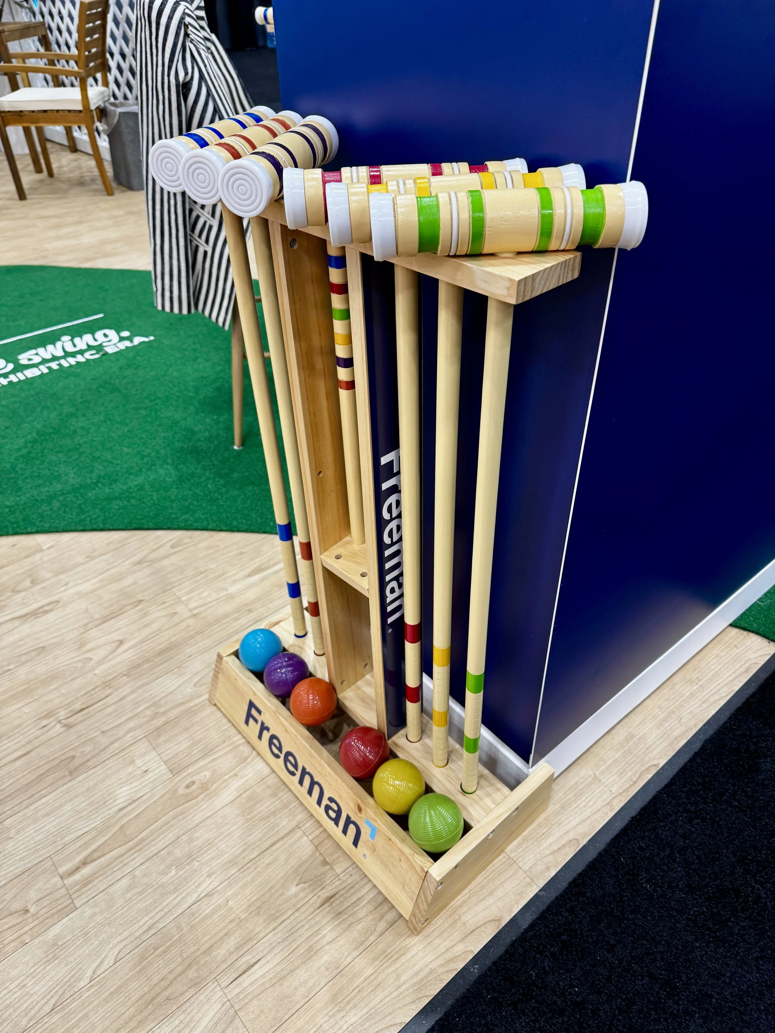 The freeman booth also had croquet mallets and balls to play while waiting for bags to be heat pressed live on site