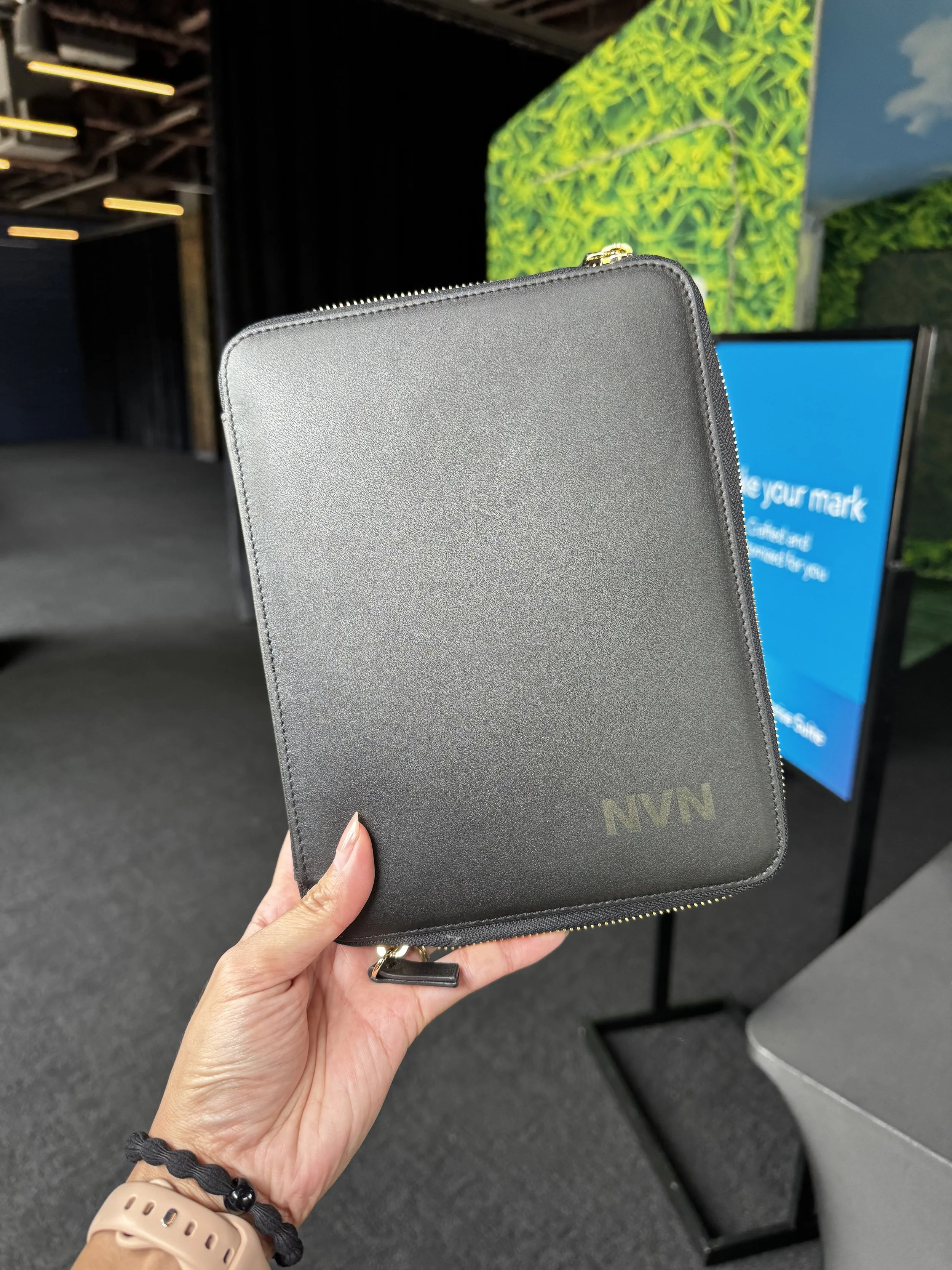 Example of leather tech folio live laser monogrammed for Intuit client event