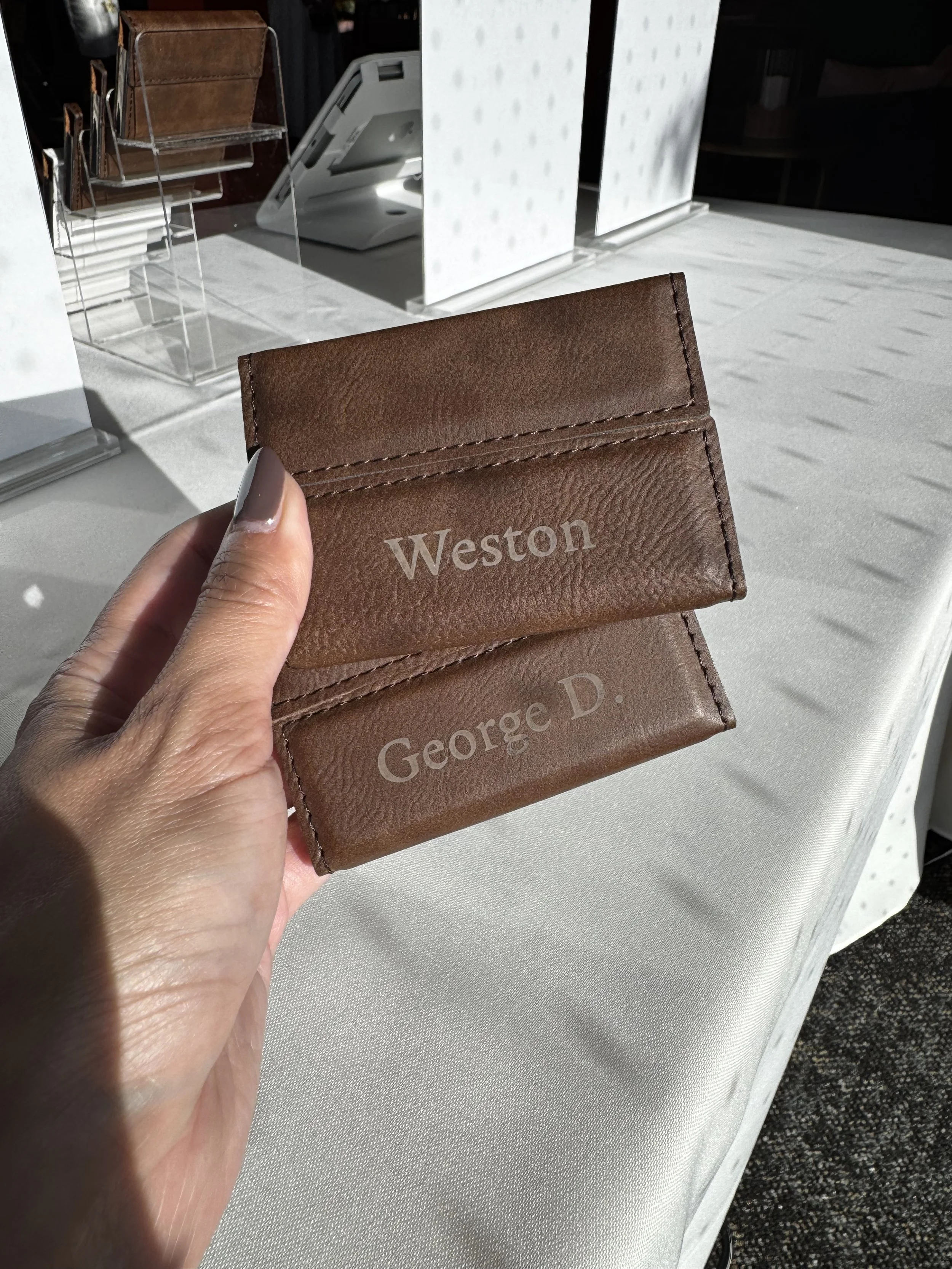 Examples of business card holders engraved live on site