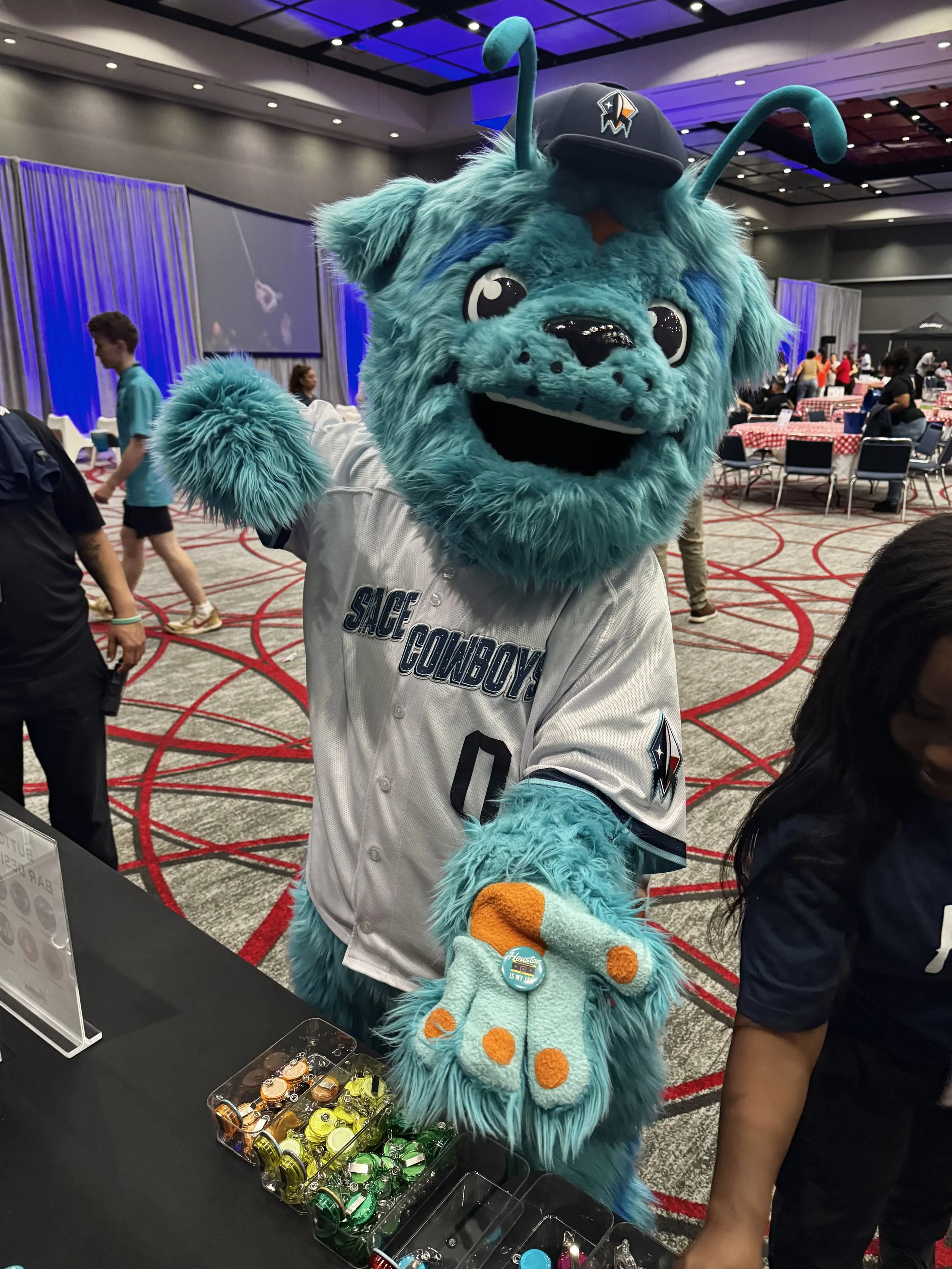 Orion, mascot of the Sugarland Space Cowboys made himself a button