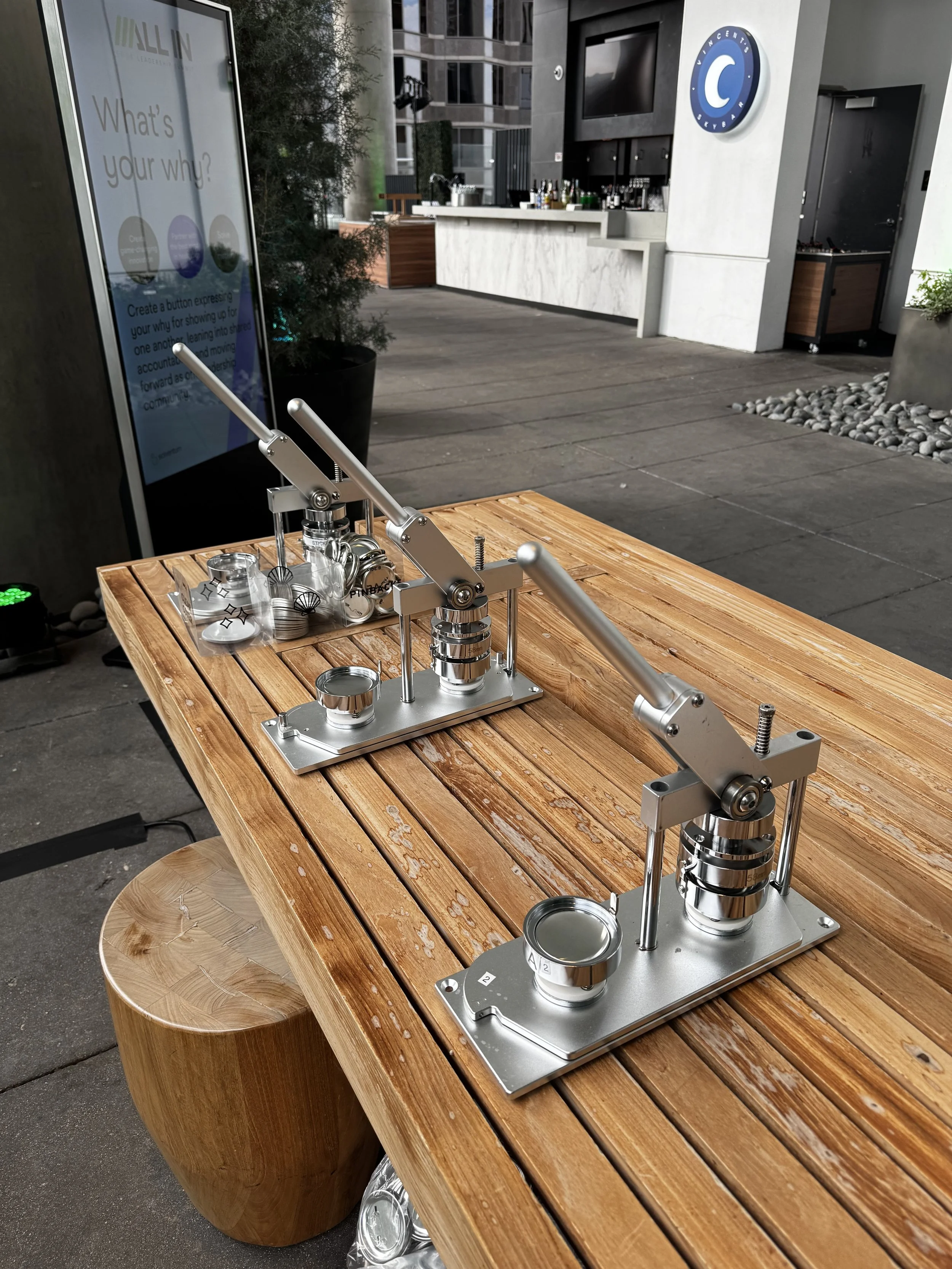 Three of our professional button press machines lined up and ready to make your live button dreams come true