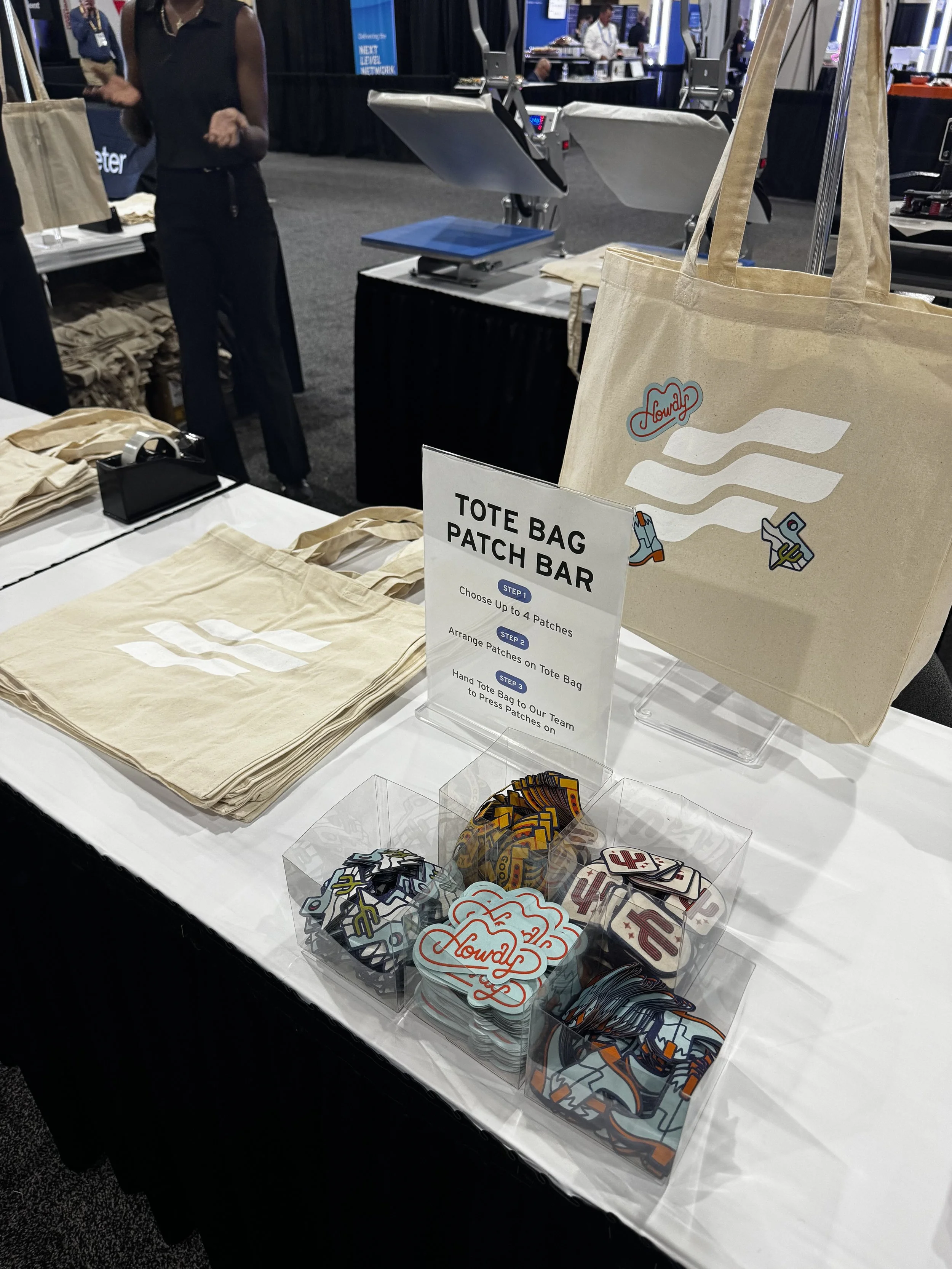 zoom out of tote bags and patches available to be heatpressed