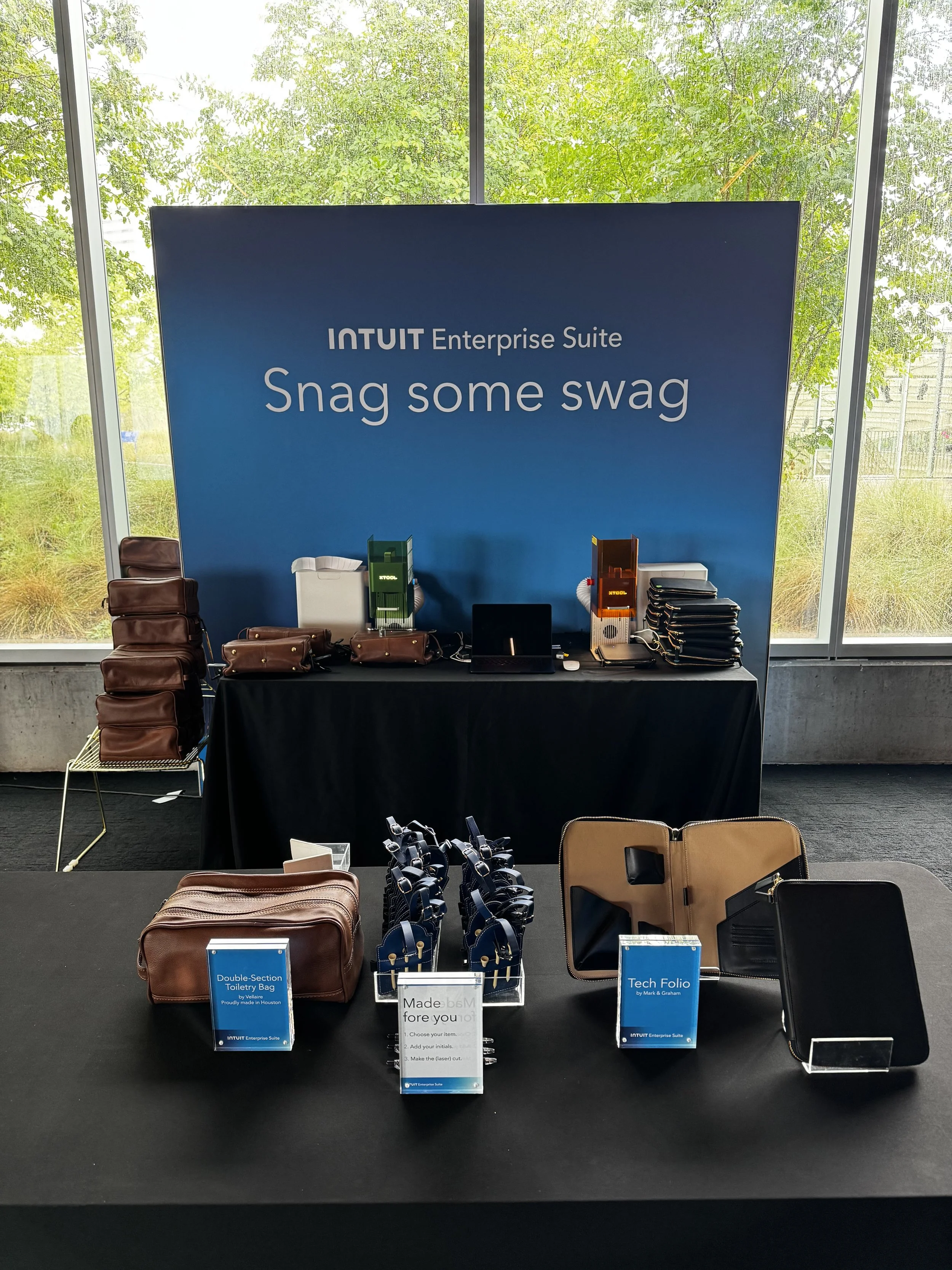 Set up showcasing all the possible options to be engraved live on site at Intuit event