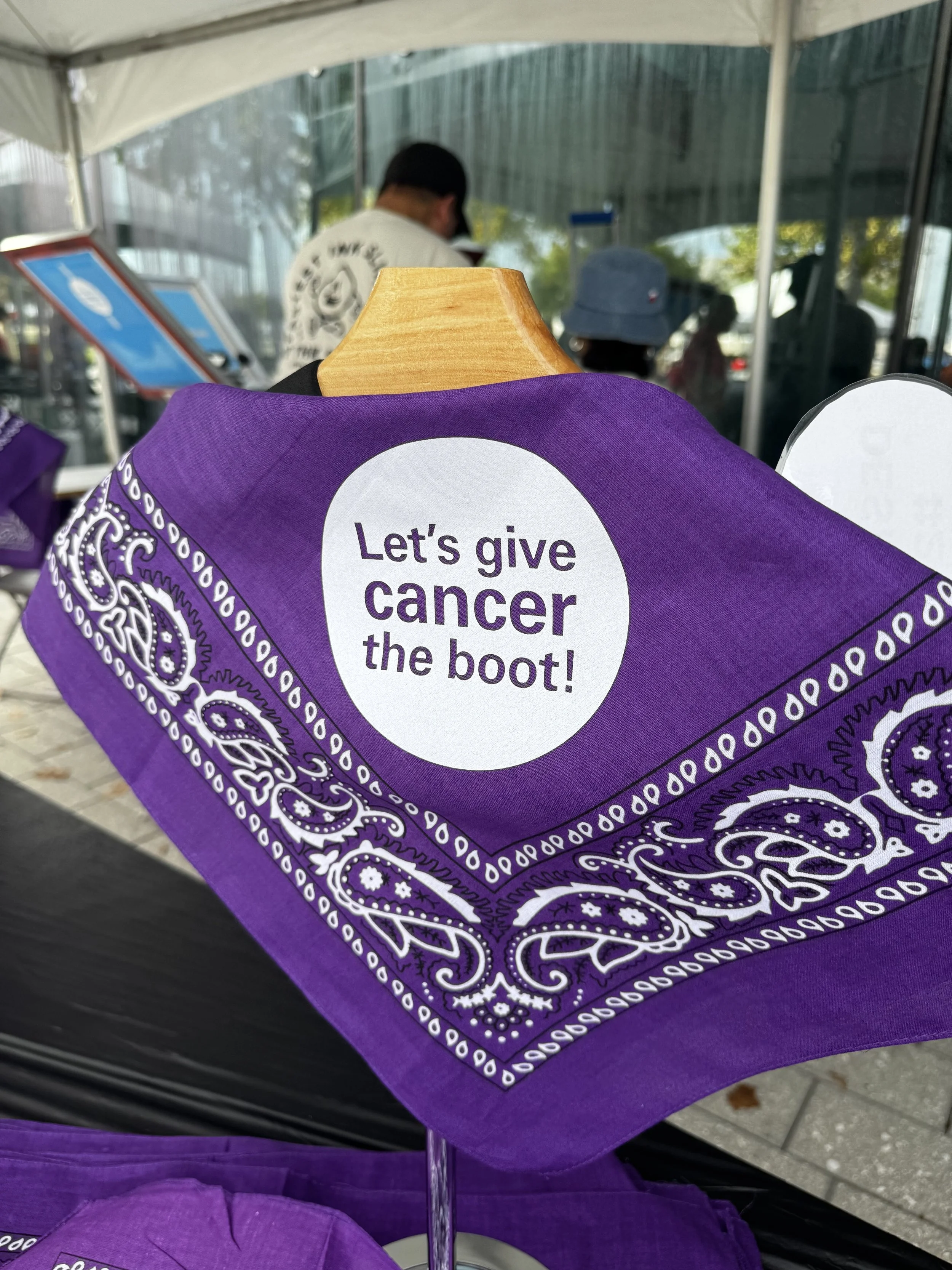 one of the design options "let's give cancer the boot" on a purple paisley bandana