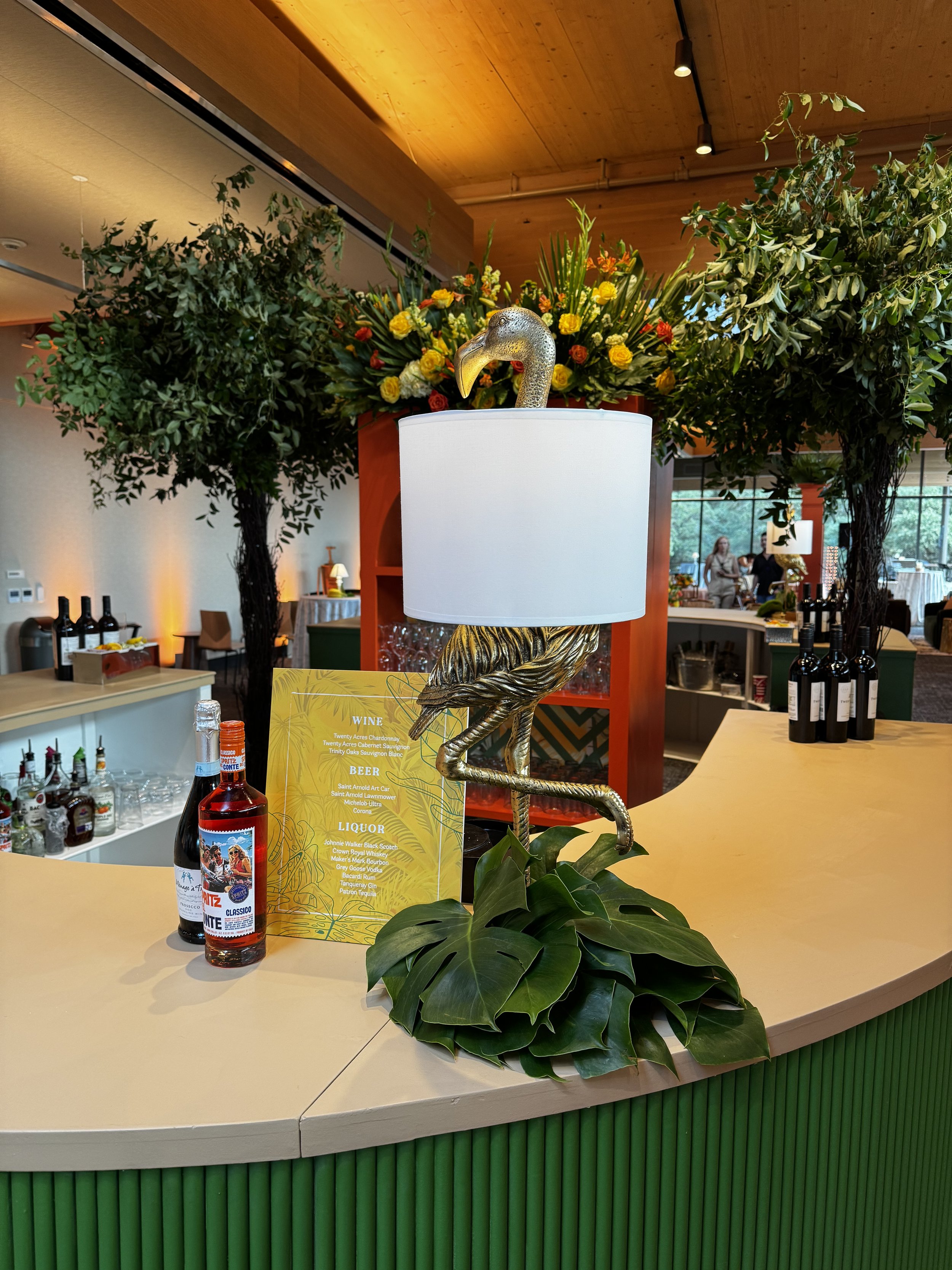 Stylish details of the bar set up such as this flamingo lamp