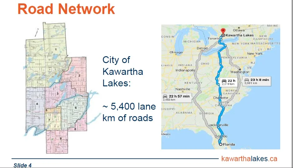 We own and maintain more roads than a return trip to Florida! *Tip: Because the number of lanes can vary but each lane needs maintenance, roads are measured by ‘lane km’, so a 4-lane road would have 4 km total lane km and a 1-lane road would have 1 total lane km.