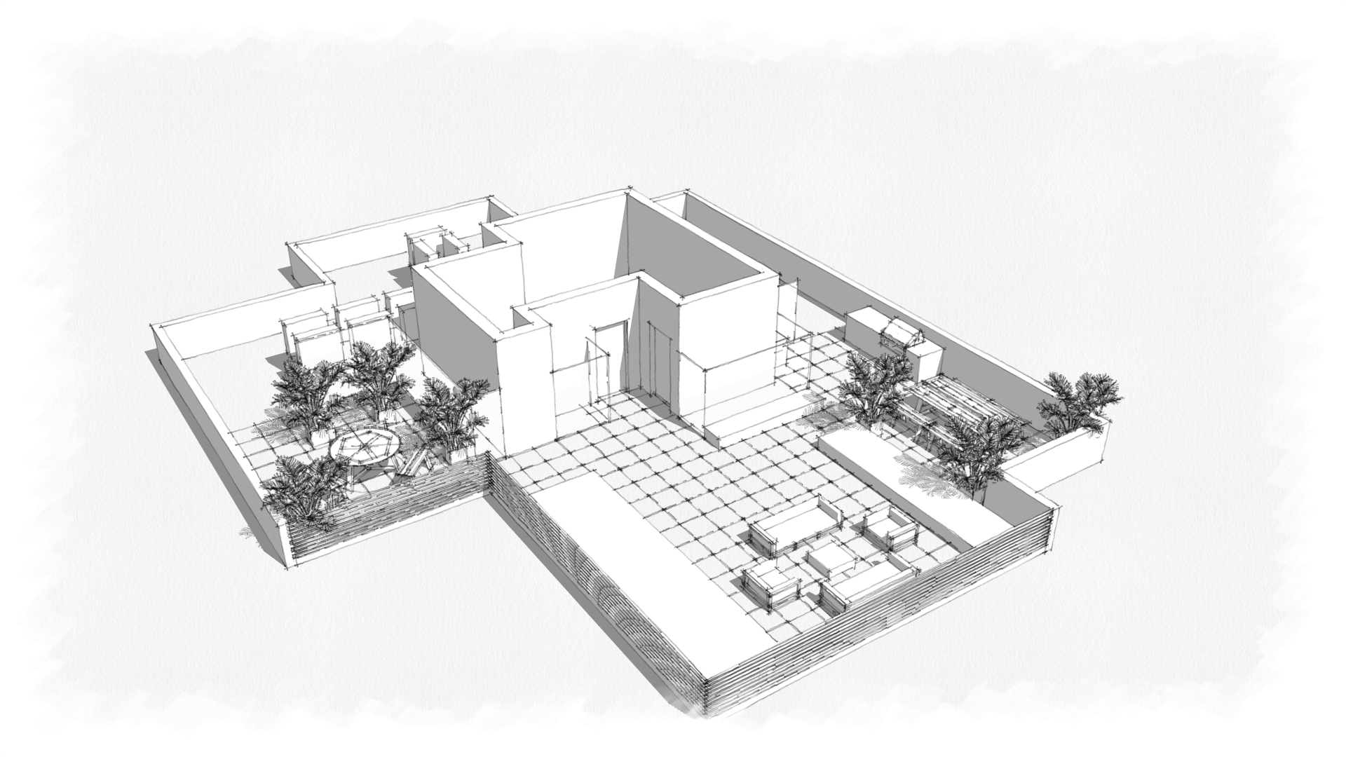 An architectural digital sketch of a modern house with outdoor patio, trees, and garden walls.
