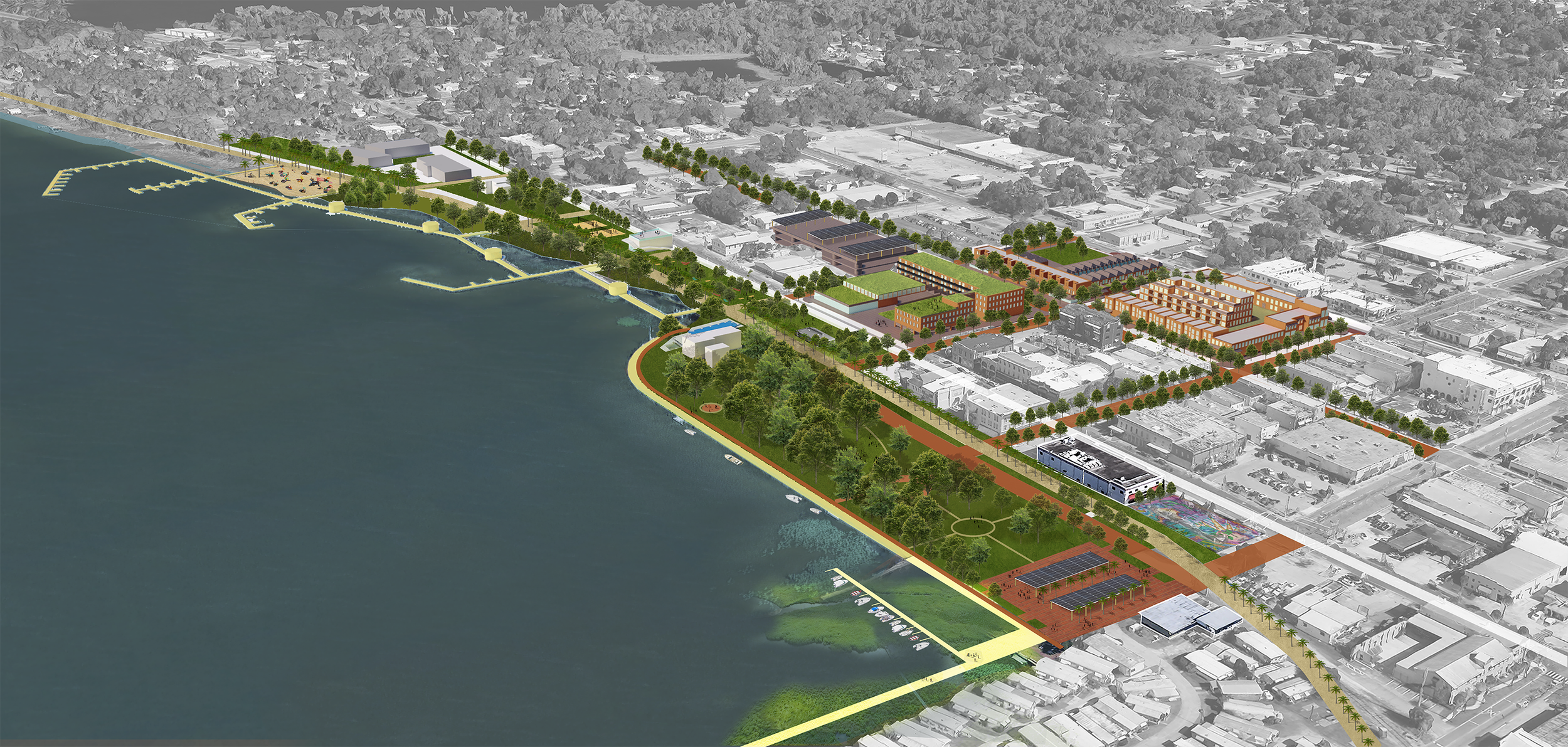 Aerial view of a waterfront urban development plan featuring green spaces, pathways, and buildings alongside a body of water. The image includes a mix of trees, docks, and architectural structures, depicting a vibrant cityscape with greenery and leisure areas.