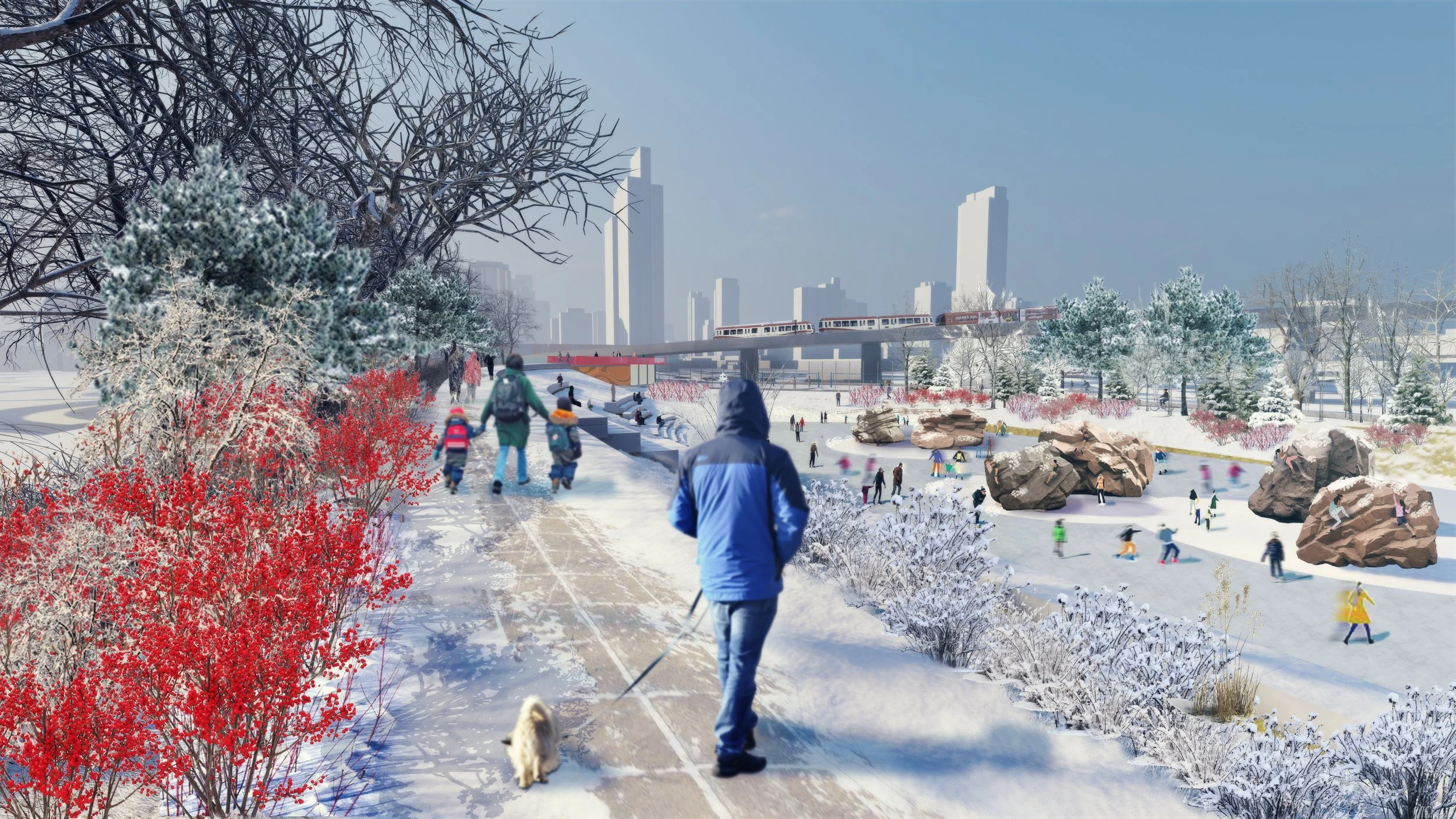 Winter city park scene with people walking on a snowy path, bright red bushes, snow-covered trees, an ice skating area with skaters, and a train passing over a bridge.