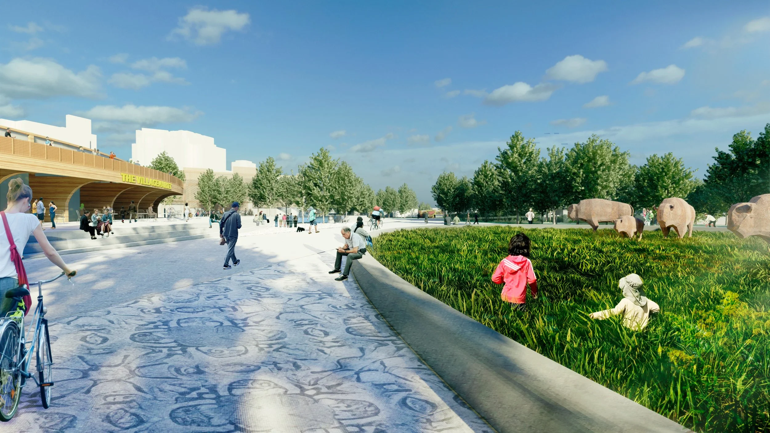 Outdoor public space with people walking, biking, sitting; grass and animal sculptures; "The Village Walk" building in background.