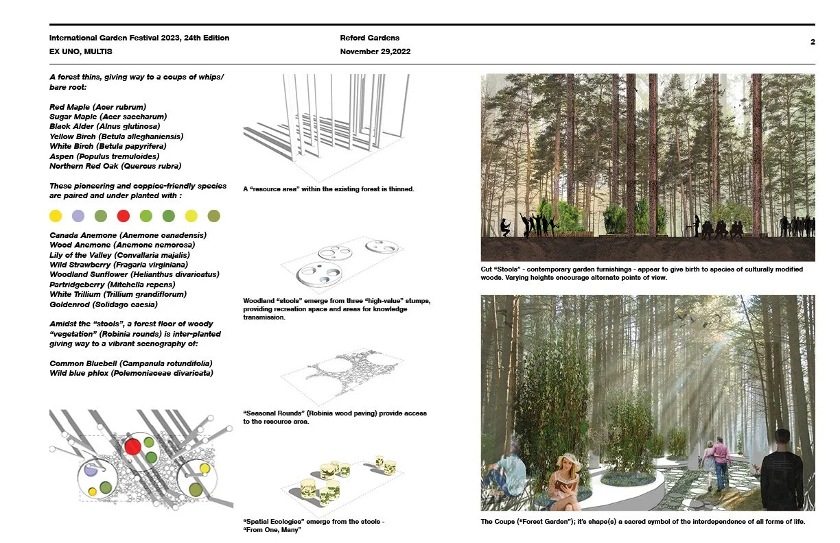 Design concepts for the International Garden Festival 2023 at Reford Gardens, featuring tree thinning, underplanting with various native species, and the creation of woodland 'stools' for recreation and knowledge sharing. Illustrations include cut 'stools' and 'seasonal rounds' showing integration of contemporary garden elements and design layout. The designs emphasize ecological interdependence and culturally modified woods with different heights and views.