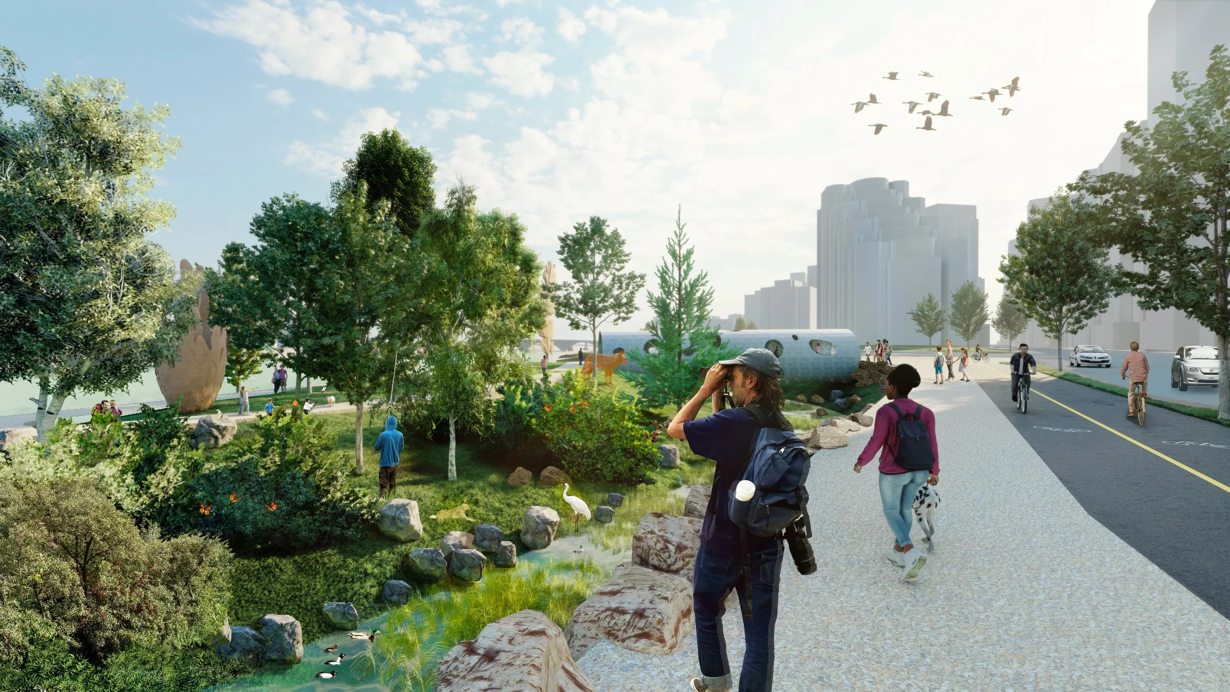 Urban park rendering with people walking and biking, lush greenery, trees, a pond with ducks, a large sculpture, and a modern cityscape background.