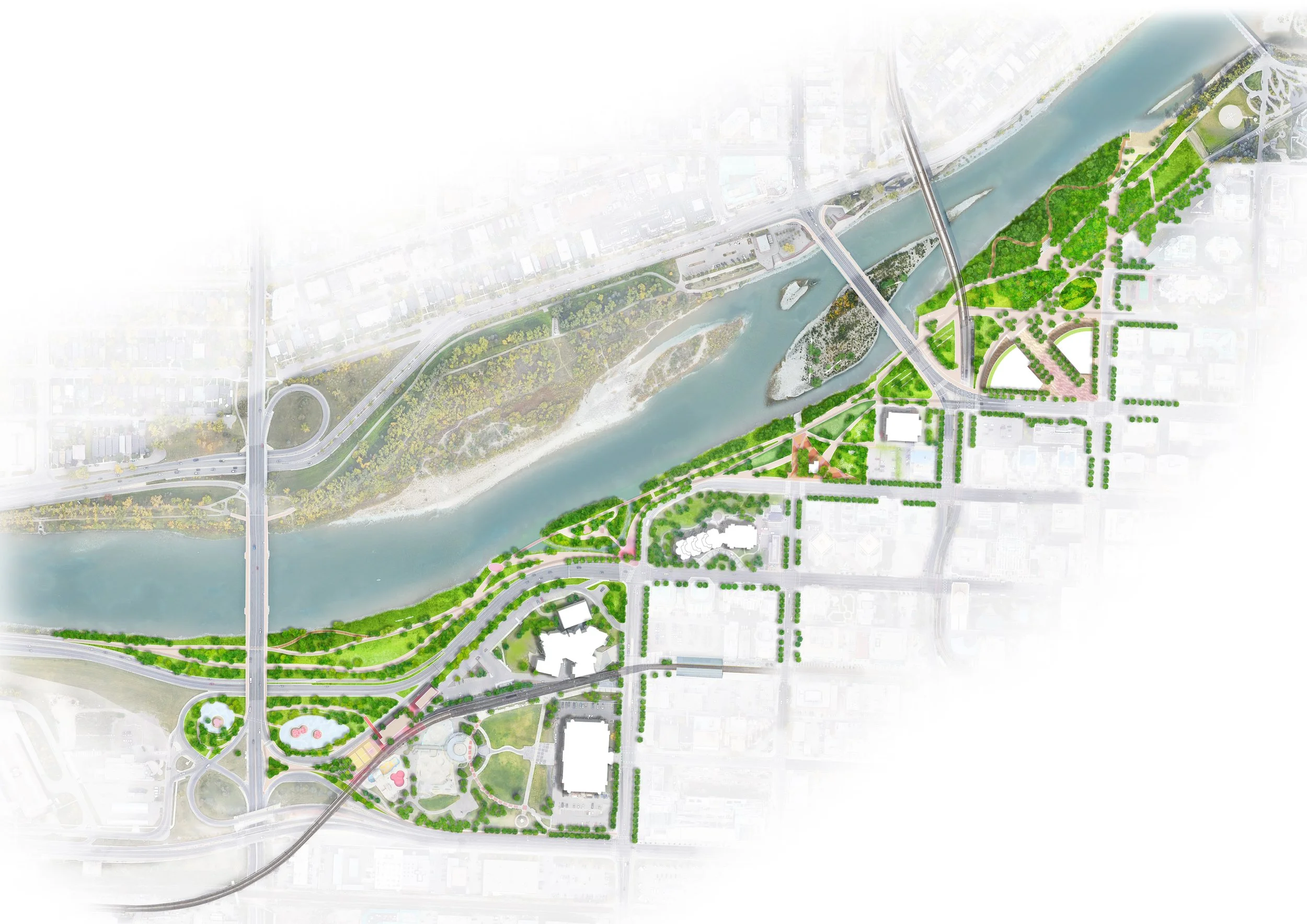 Illustrated aerial view of a river with adjacent green spaces, roads, and bridges in an urban area.