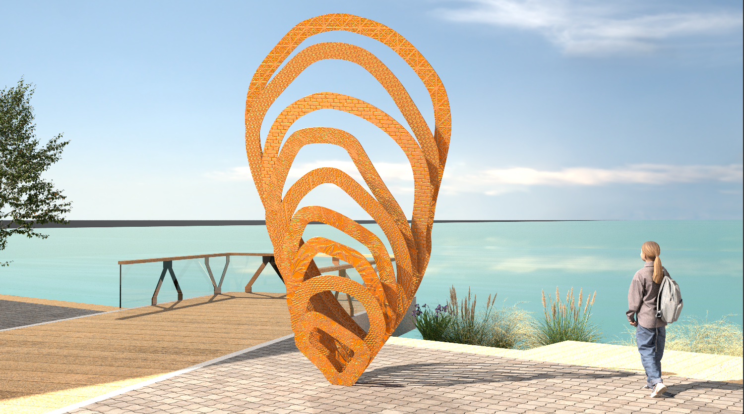 A person with a backpack walking on a tiled path towards a large, abstract, orange sculpture by a waterfront. The sculpture consists of multiple curved layers resembling an open spiral, set against a backdrop of a wooden boardwalk and calm water under a clear sky.