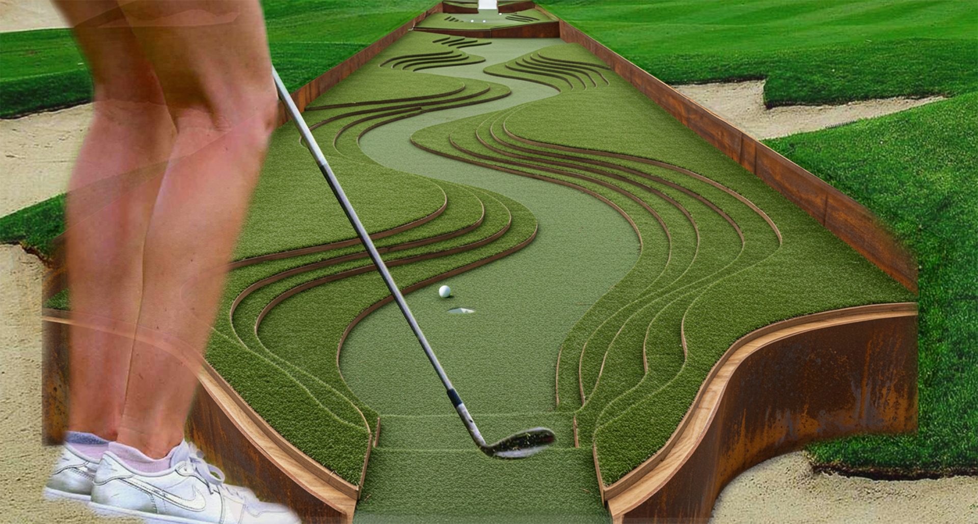 A person playing miniature golf, preparing to hit a white golf ball on a synthetic green course with a laid-back landscape design.