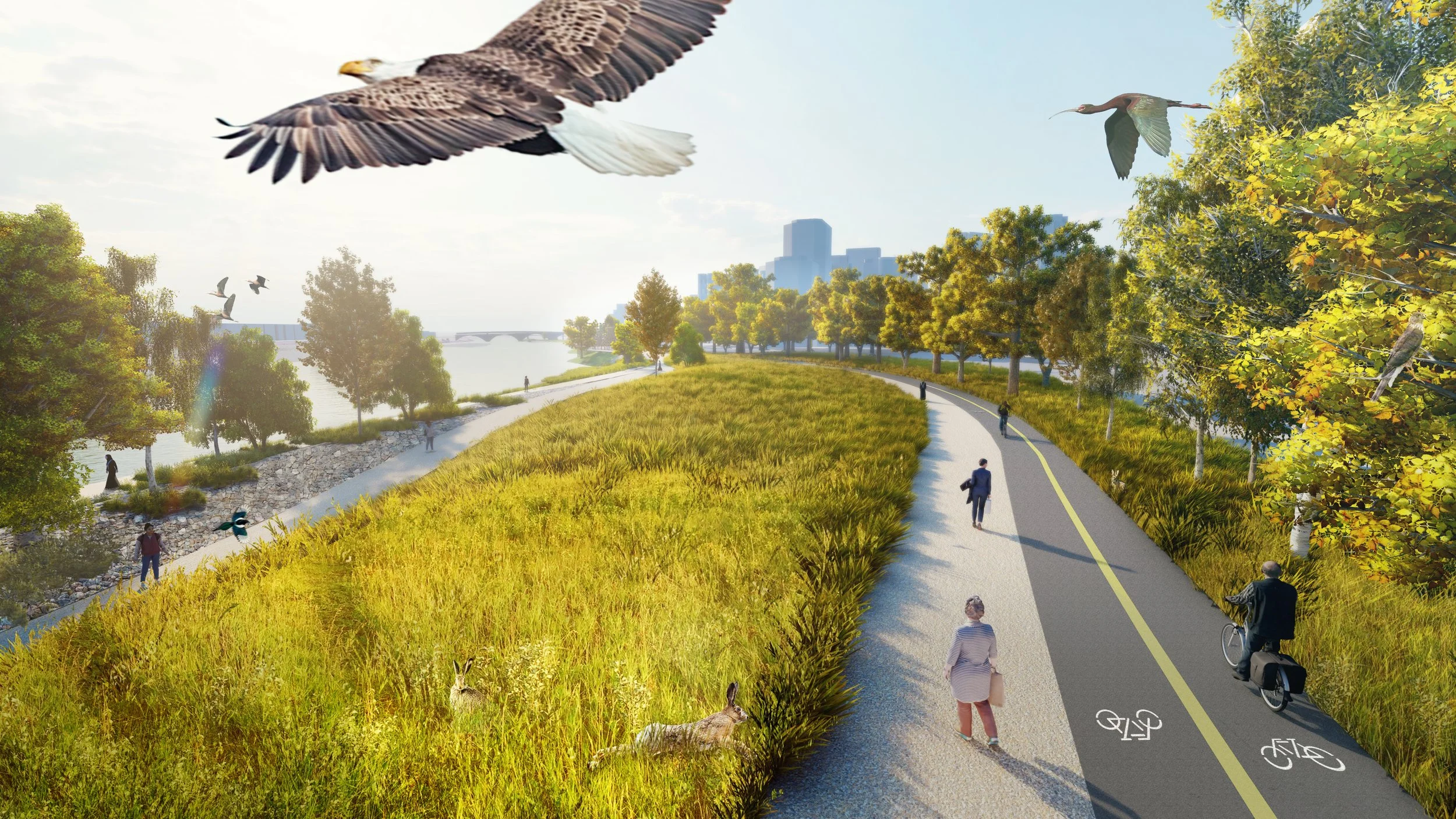 A scenic view of a riverside park with a walking and biking path. People are walking and cycling. The area is surrounded by grass, trees, and a river. Birds are flying above including an eagle. A city skyline is visible in the background.