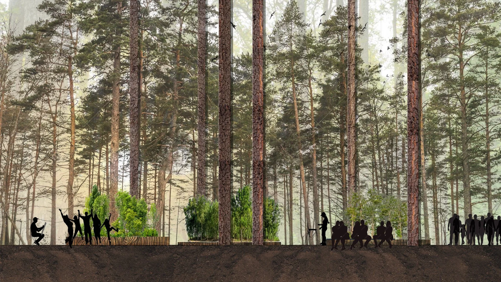 Illustration of a forest with tall trees, people silhouettes walking and interacting, and small clusters of green plants.