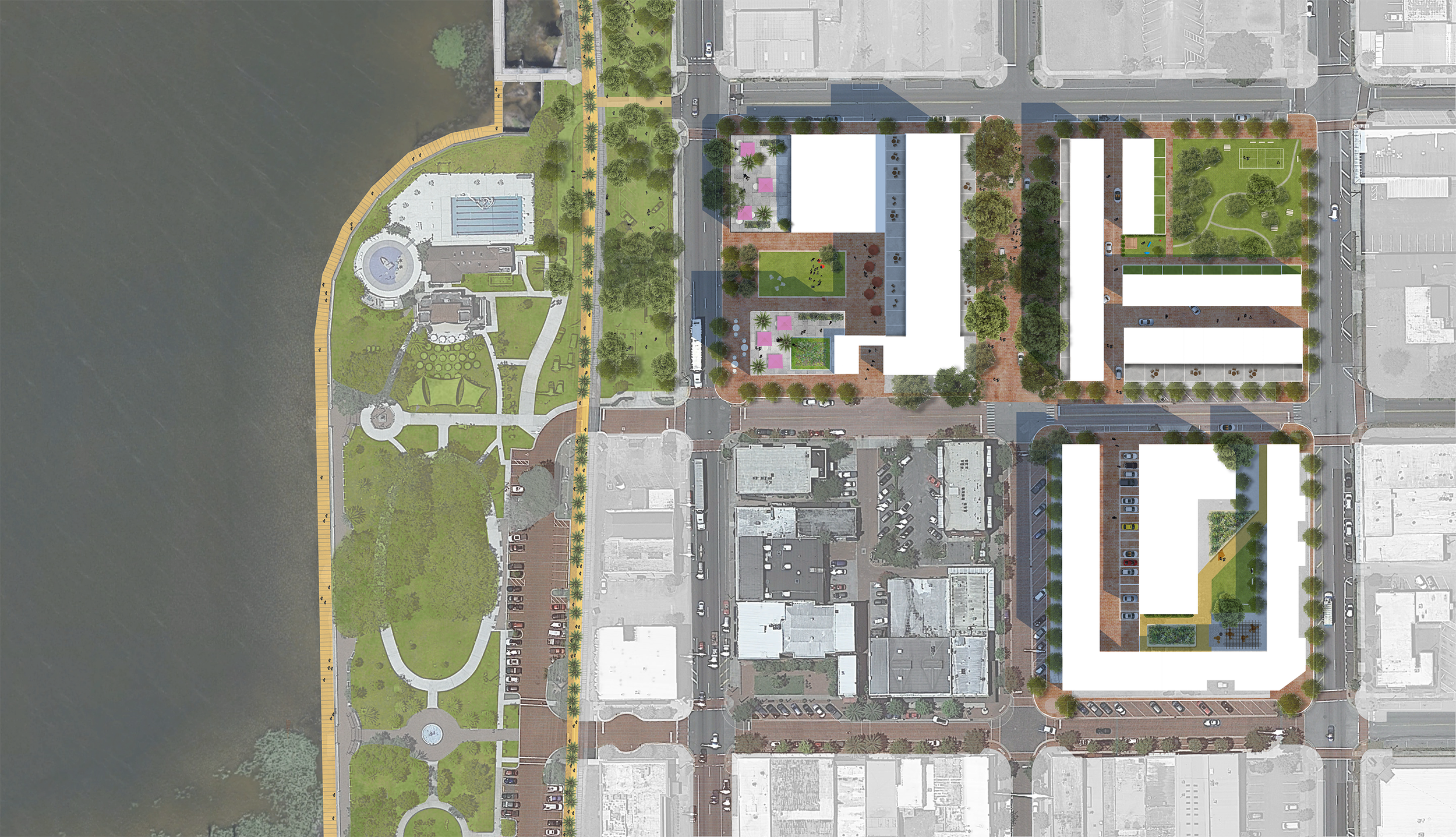 Aerial view of urban planning layout with buildings, roads, parks, and waterfront area.