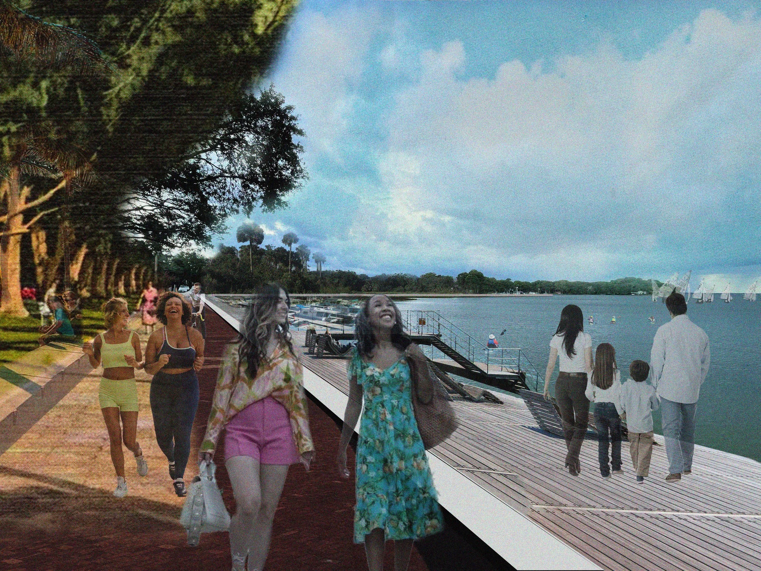People walking and jogging on a scenic waterfront with trees and boats in the background.