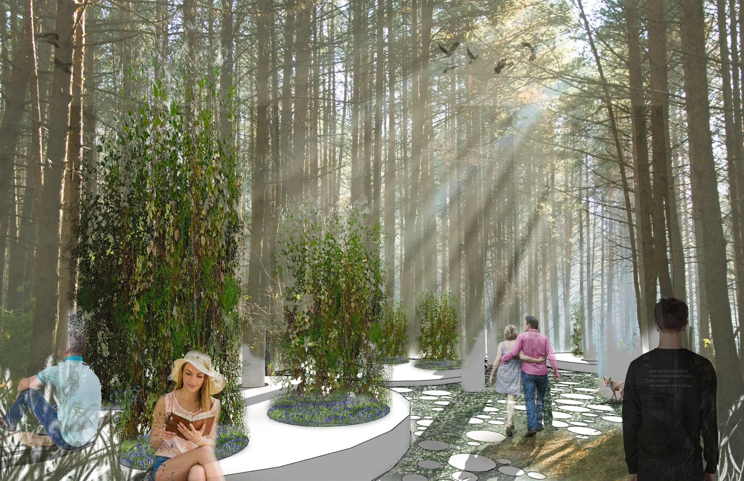 Digital artwork of people walking and sitting on a forest path with sunlight filtering through trees and lush foliage.
