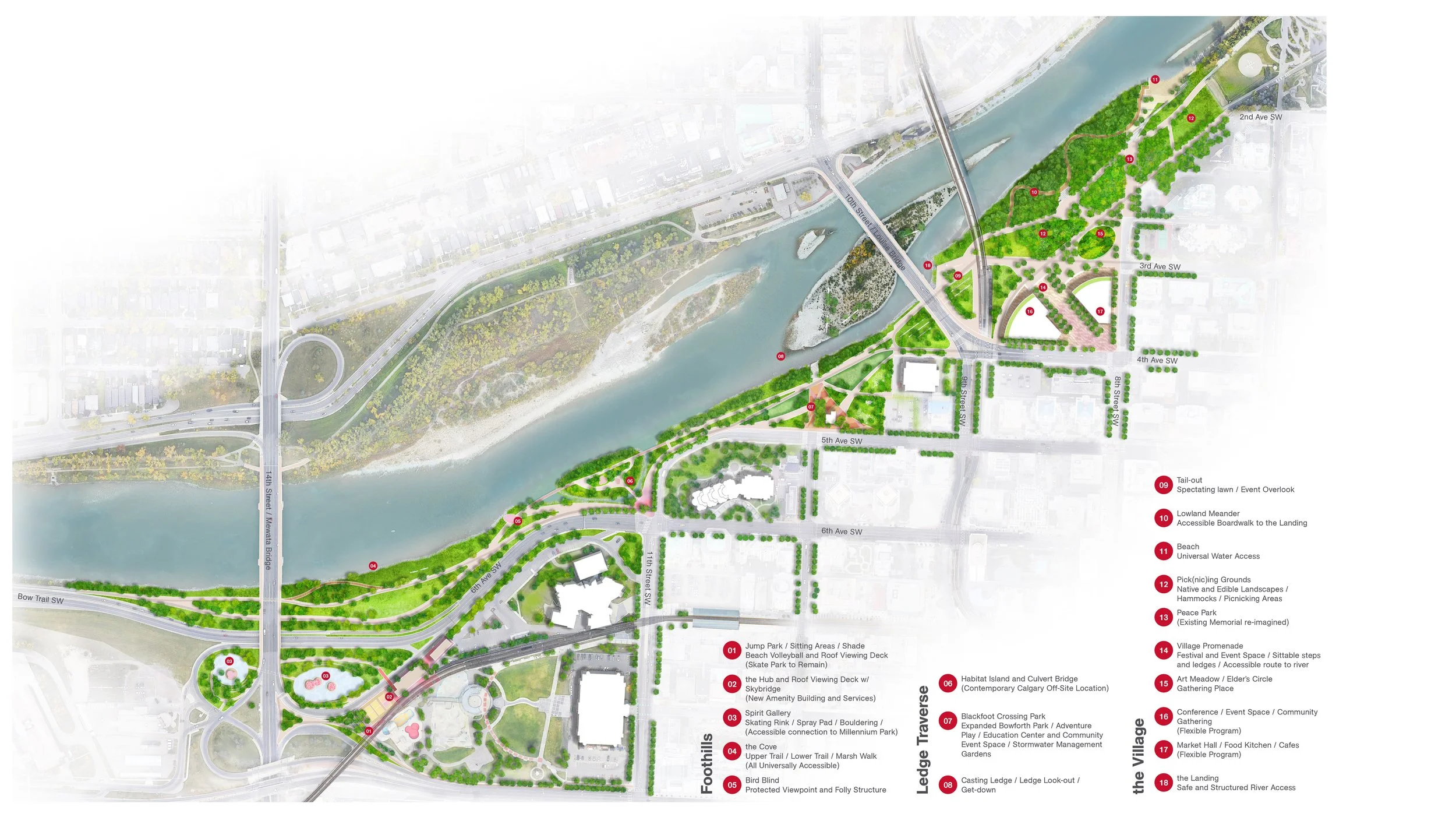 Aerial view of a riverfront park map with pathways, green spaces, and labeled points of interest including bridges, trails, and recreational areas.