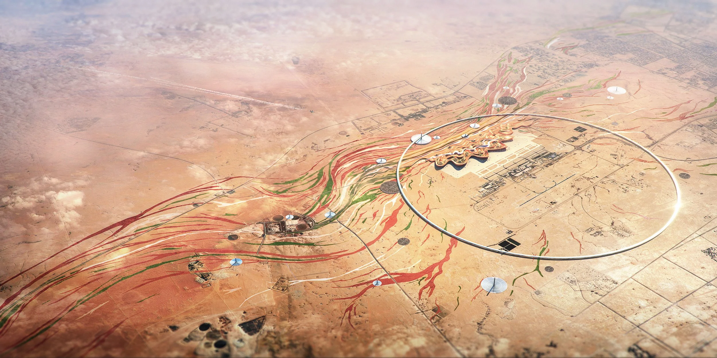 A conceptual map of a space launch site showing launch pads, control centers, and surrounding desert landscape, with colorful markings representing underground cables and pipelines.