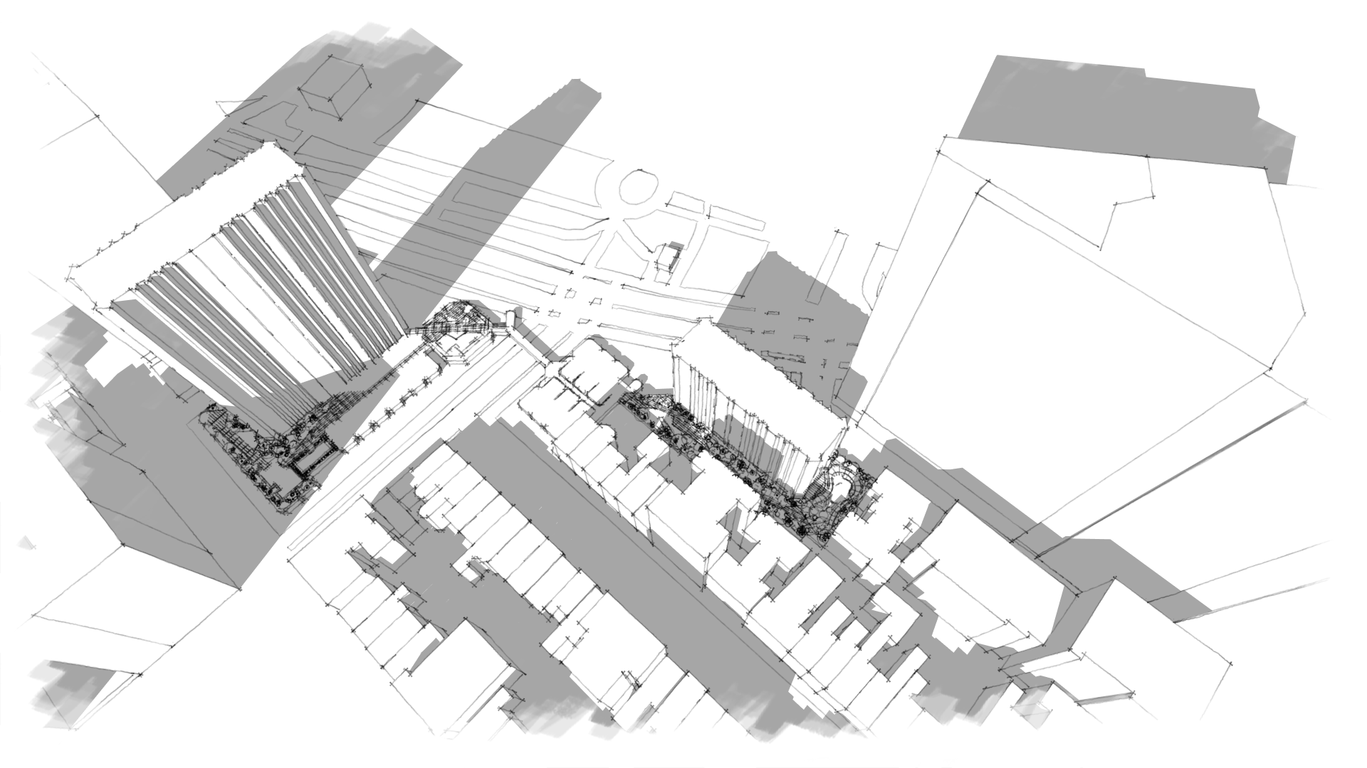 A 3D architectural wireframe model of a city block showing tall buildings, streets, and a public square with a stick figure sculpture.