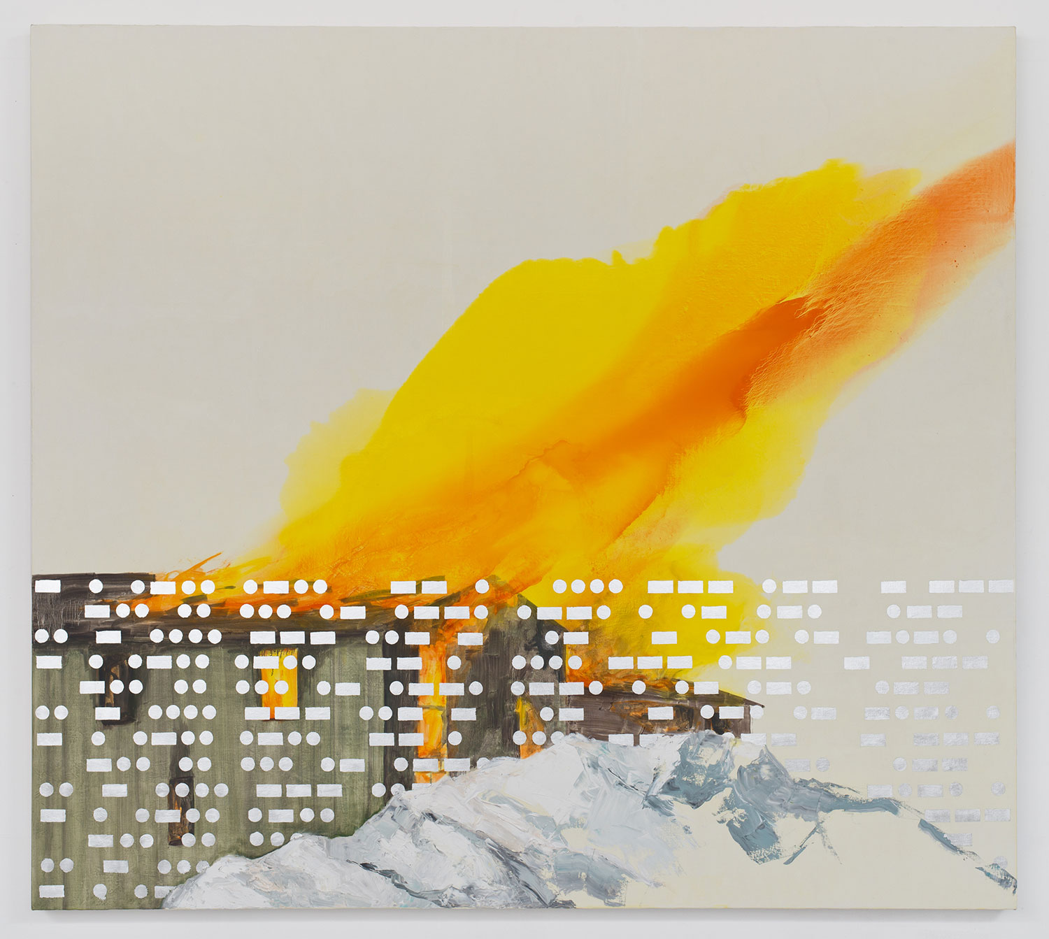 Tell Me How To Disappear Without a Trace , 2012 Acrylic, oil, silver foil on canvas 70" x 78"
