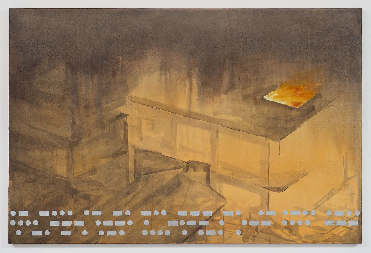Abandon All Hope , 2012 Acrylic, oil, silver foil on canvas 48" x 72"