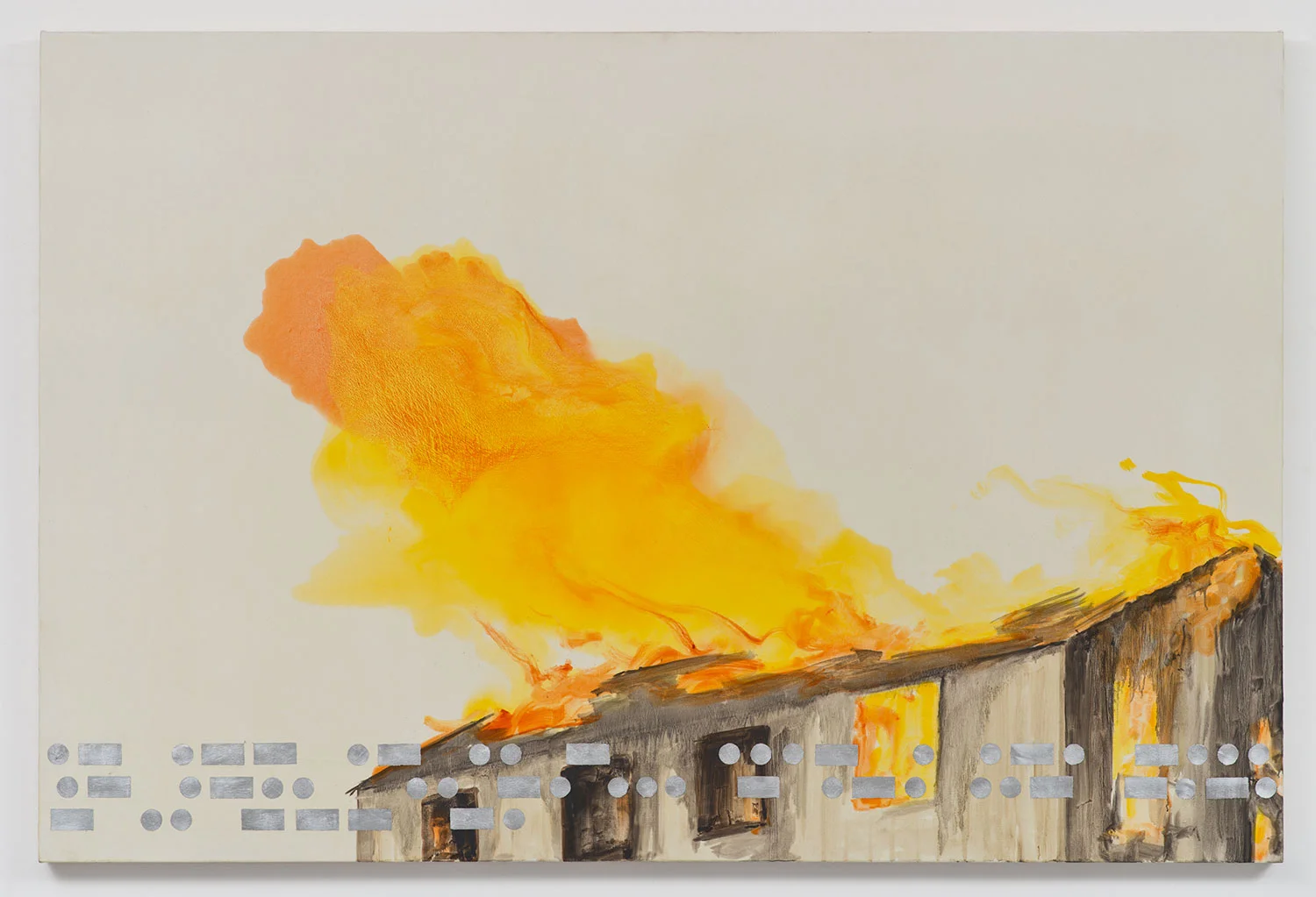 Await Verbal Instruction , 2012 Acrylic, oil, silver foil on canvas 48" x 72"