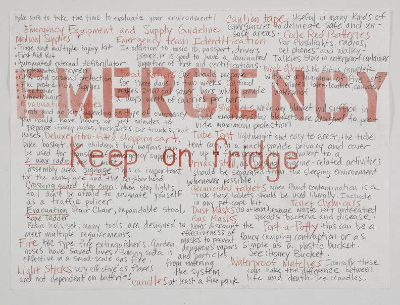 Emergency Keep On Fridge, 2007 Pencil, watercolor on paper 22” x 30”