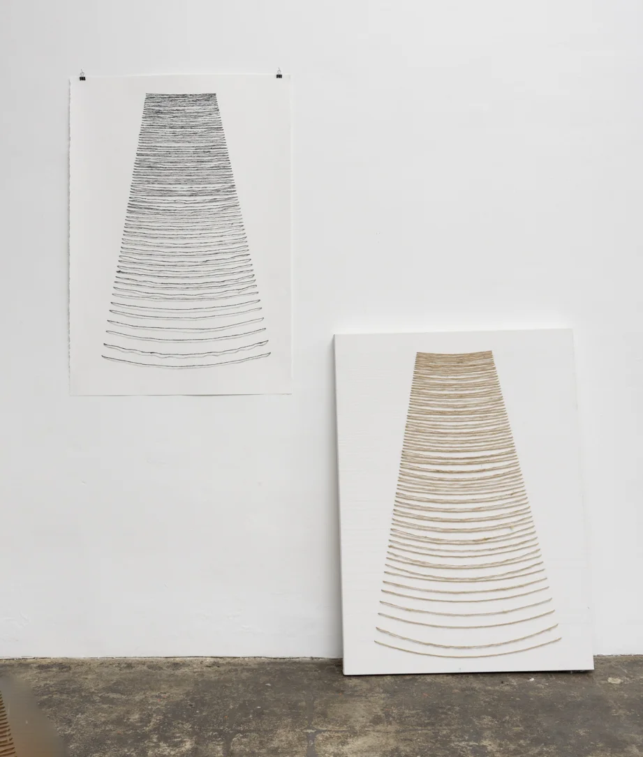 Columns With Vanishing Points , 2018 Jute twine, linen / pencil, charcoal on paper