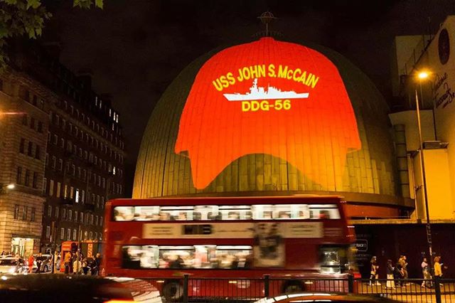 This was projected on Madame Tussaud&rsquo;s tonight. The British know how to welcome a petty tyrant in style!