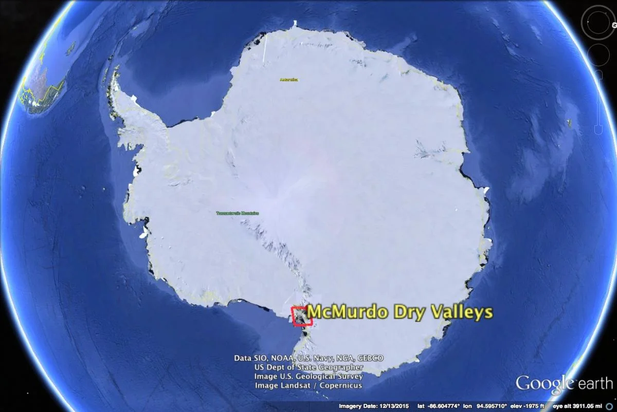 Map of Antarctica showing McMurdo Dry Valleys' location, created in Google Earth with imagery from US Geological Survey and Landsat