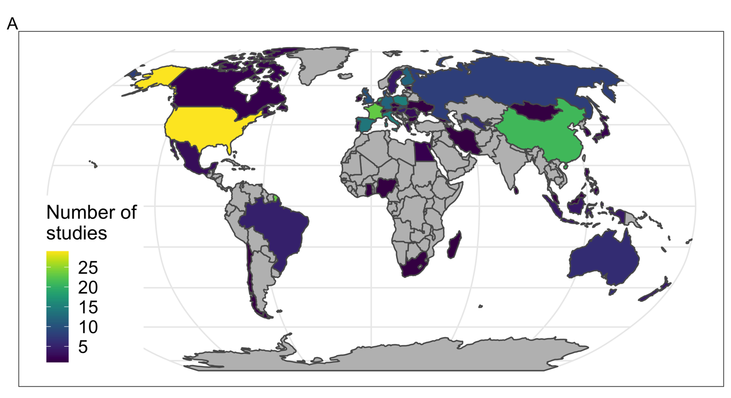 Figure 2. Geographical coverage of the 274 studies, by country where the studies were conducted showing limited knowledge in the Global South (Beaumelle et al., 2021).