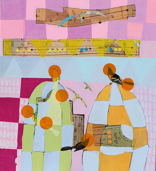 A Birder's Guide, by Jonathan Ricci, 2015. Acrylic and collage on canvas, 42 inches x 40 inches