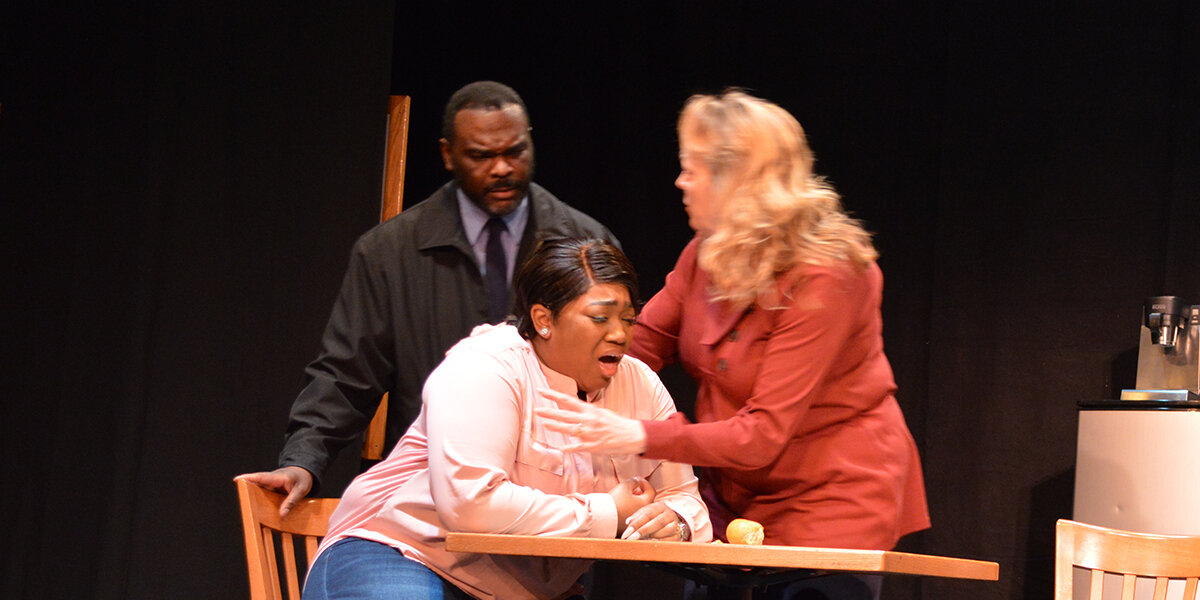 Nakia Dillard as Dun, Sasha Allen as Nya, and Libby White as Laurie  in SCTC's  Pipeline