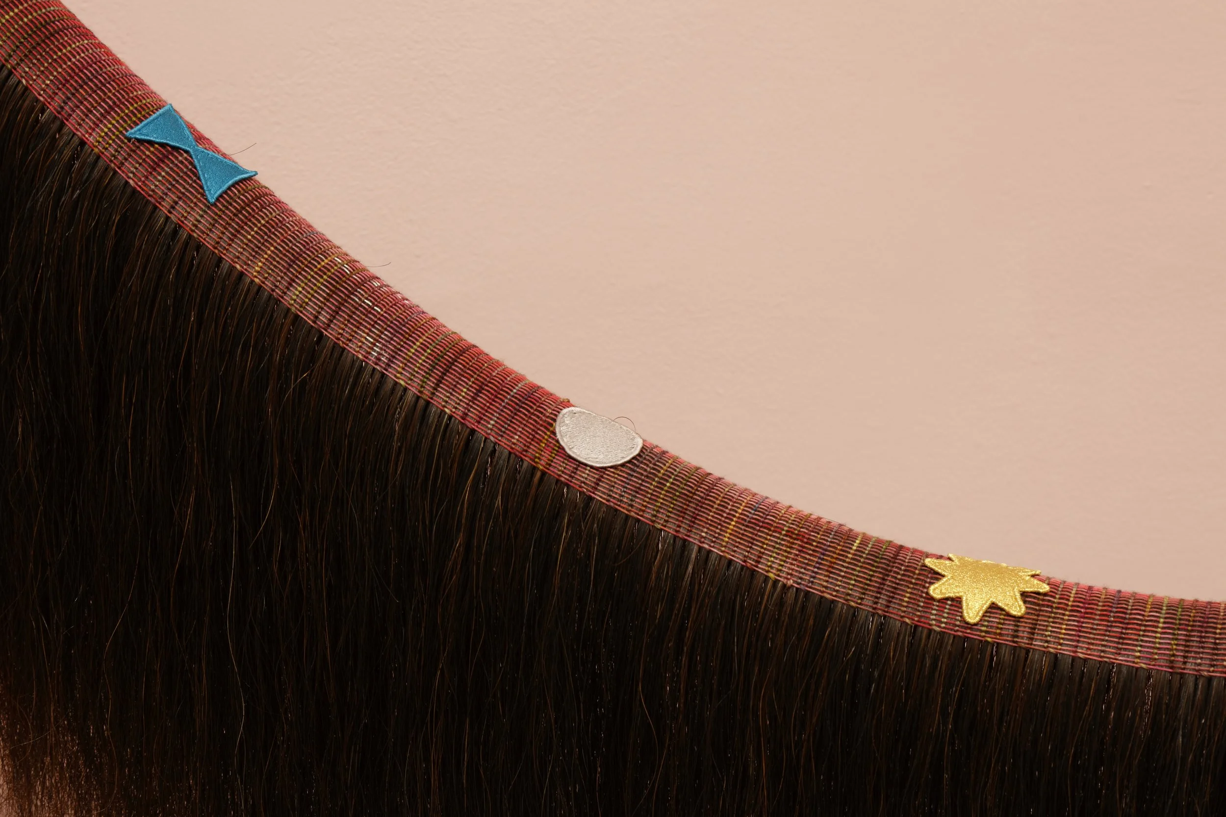  SHAPESHIFTER (2)   Horsehair, hand-dyed cotton and wool, rayon thread, metal, poplar branch, root ball, pigment, and embroidery   2025  (dimensions variable) 