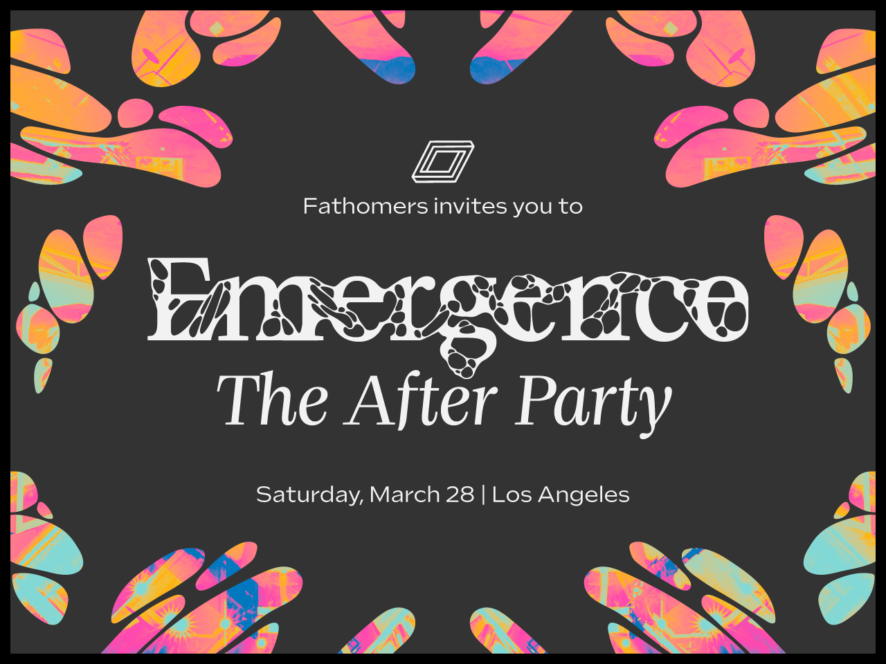      

 
    EMERGENCE : THE AFTER PARTY  Celebrating the release of the Emergence catalog with an evening immersed in synthetic biology as seen through a bold artistic lens  Saturday, March 28 7–10 p.m.  York Manor 4908 York Blvd, Los Angeles, CA   