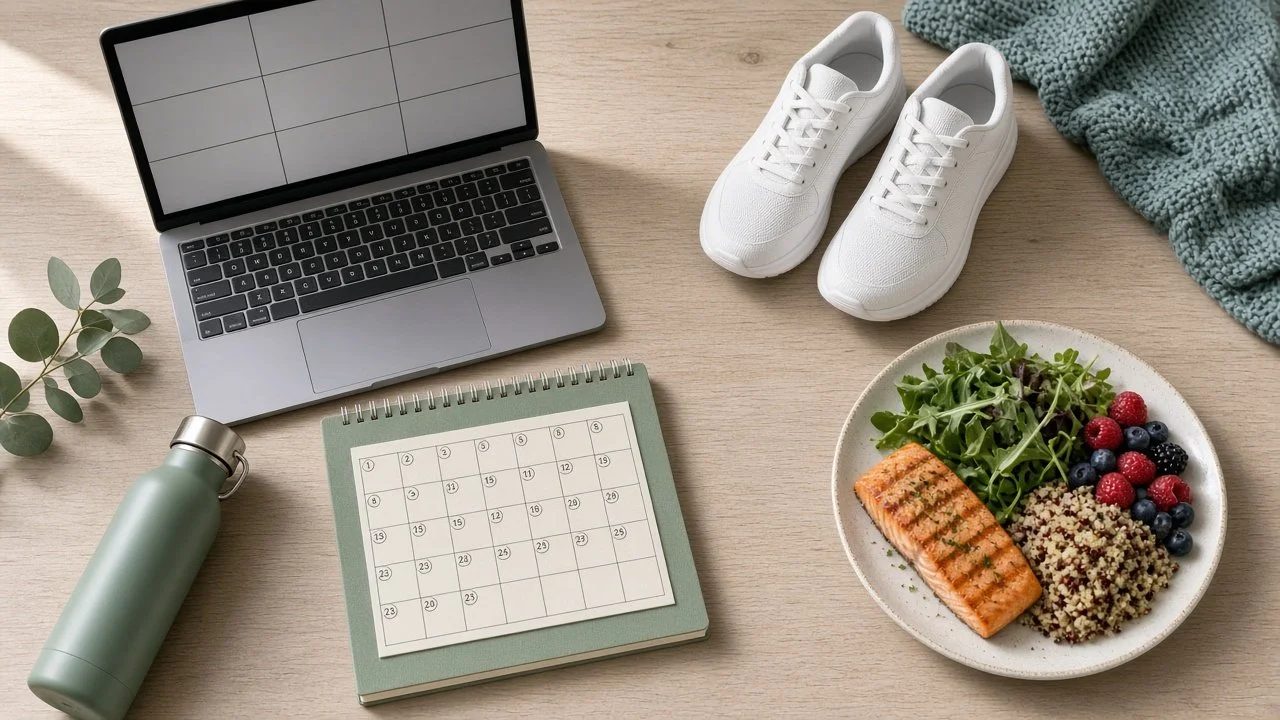 Laptop for a virtual group class beside a balanced meal, walking shoes, and a year-long planner