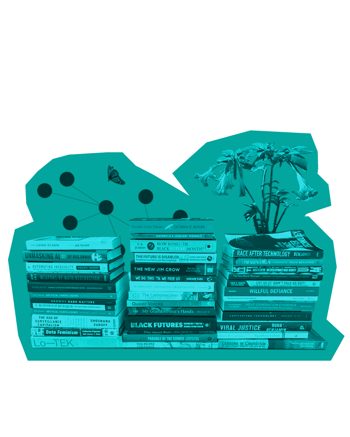 Creative monocolor image that depicts 3 stacks of books with flowers and butterflies in the background