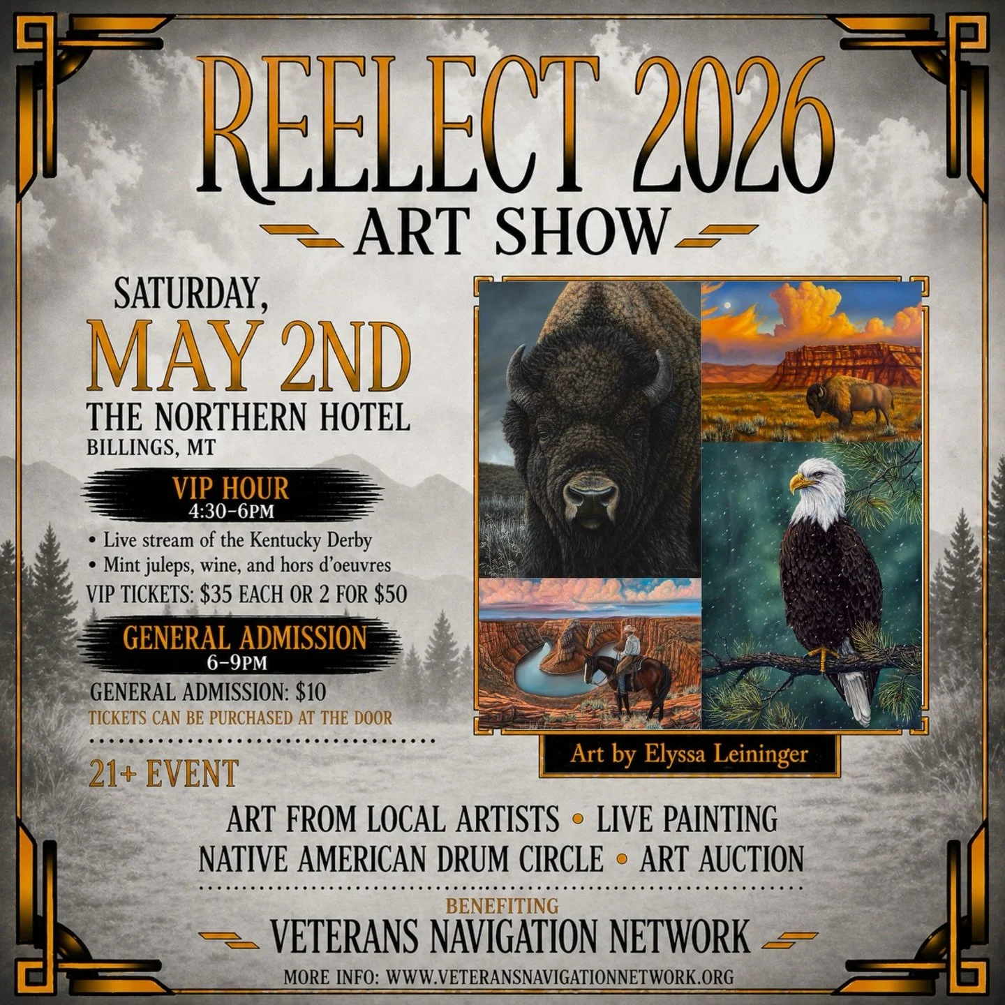 ✨𝐑𝐄𝐅𝐋𝐄𝐂𝐓 𝟐𝟎𝟐𝟔 𝐀𝐫𝐭 𝐒𝐡𝐨𝐰✨

Saturday, May 2 | Northern Hotel, Billings

VIP Hour: 4:30&ndash;6 PM. Kentucky Derby, mint juleps, wine, and hors d&rsquo;oeuvres
General Admission: 6&ndash;9 PM | Tickets at the door

Don&rsquo;t miss the 