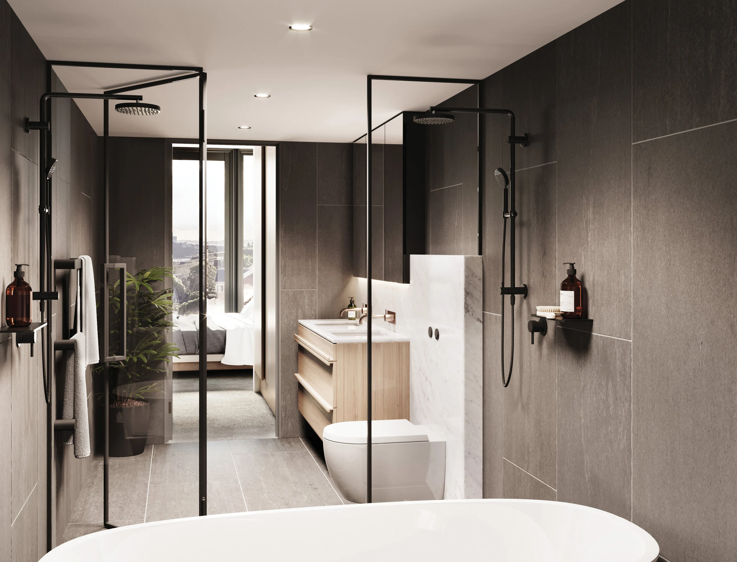 The ensuites in the upper residences are accessed through a walk-in wardrobe, and include a wall-mounted toilet, mirror cabinet and custom double vanity on a feature stone plinth. This plinth extends into the wet area which contains two showers and a luxurious freestanding bath.