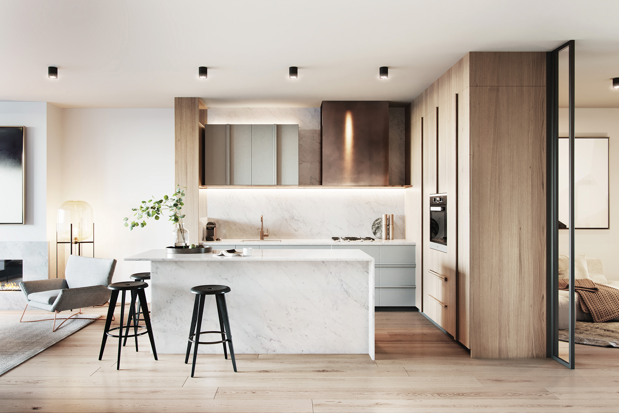 In every way, these are entertainers’ kitchens with a large stone island made for family gathering and entertaining. The feature rangehood, wall-mounted oven, gas hob and generous bench space will be appreciated by those who take their cooking seriously.