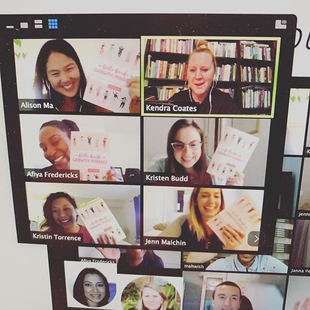 When your friends and colleagues @jennmaich_mindset_works @kristen_budd @mmmkristin just happen to all have their copy of #girlsguidetogrowthmindset next to them during @mindset_works @dr_acf #growthmindsetcommunitychat! 
Cheers to our power, potenti